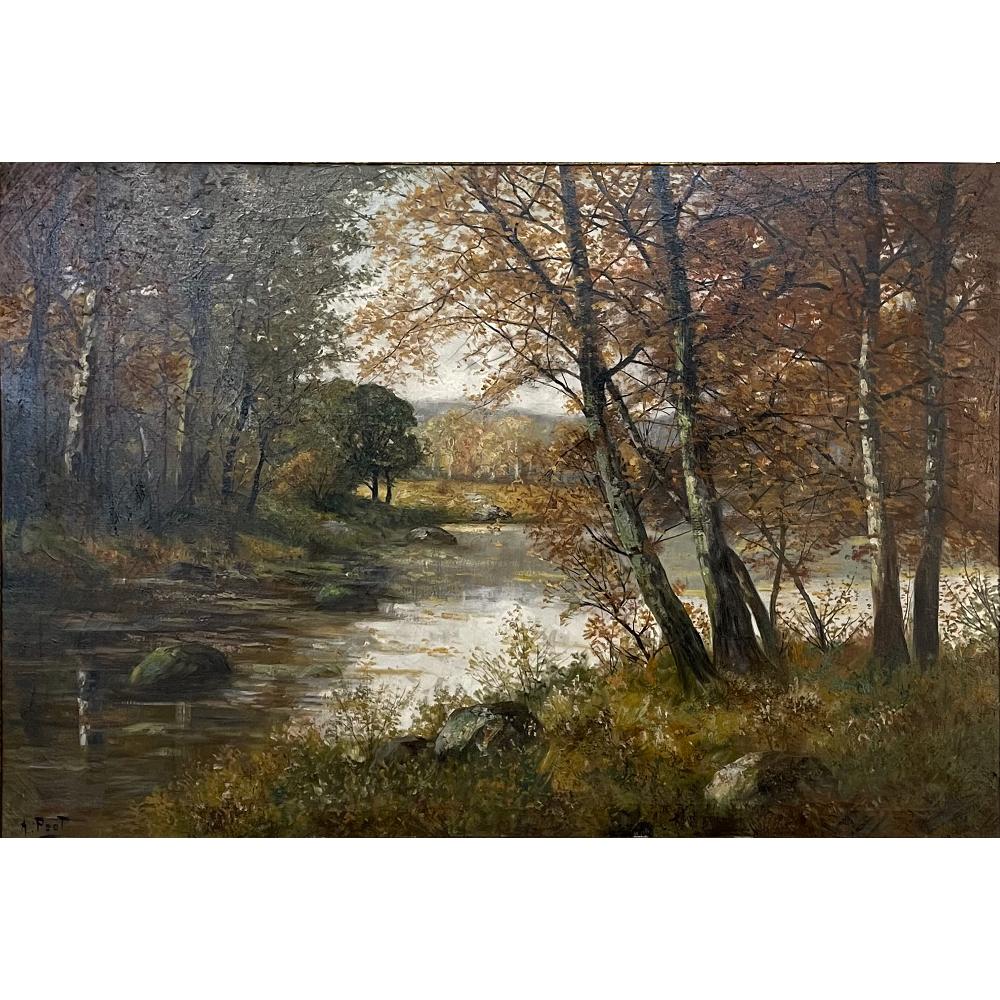 Framed oil painting on canvas by Adolphe Poot (1924 - 2006) is a splendid example of the artist's work, glorifying the majesty of nature by capturing the early fall colors of a nearby forest with a tranquil pond and a subtle, concealed depiction of