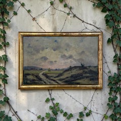 Cuadro al óleo sobre lienzo enmarcado de Désiré Merny (1865-1947) 'Carretera rural al atardecer'