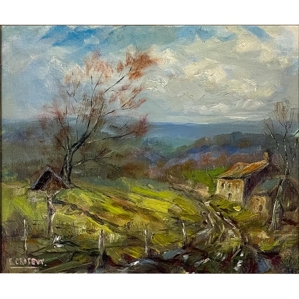 Framed oil painting on canvas by Emma Croteux is a splendid example of post-impressionism, with the artist using bold strokes to evoke motion and a three dimensional effect. The composition is a common scene in rural areas of what is now eastern