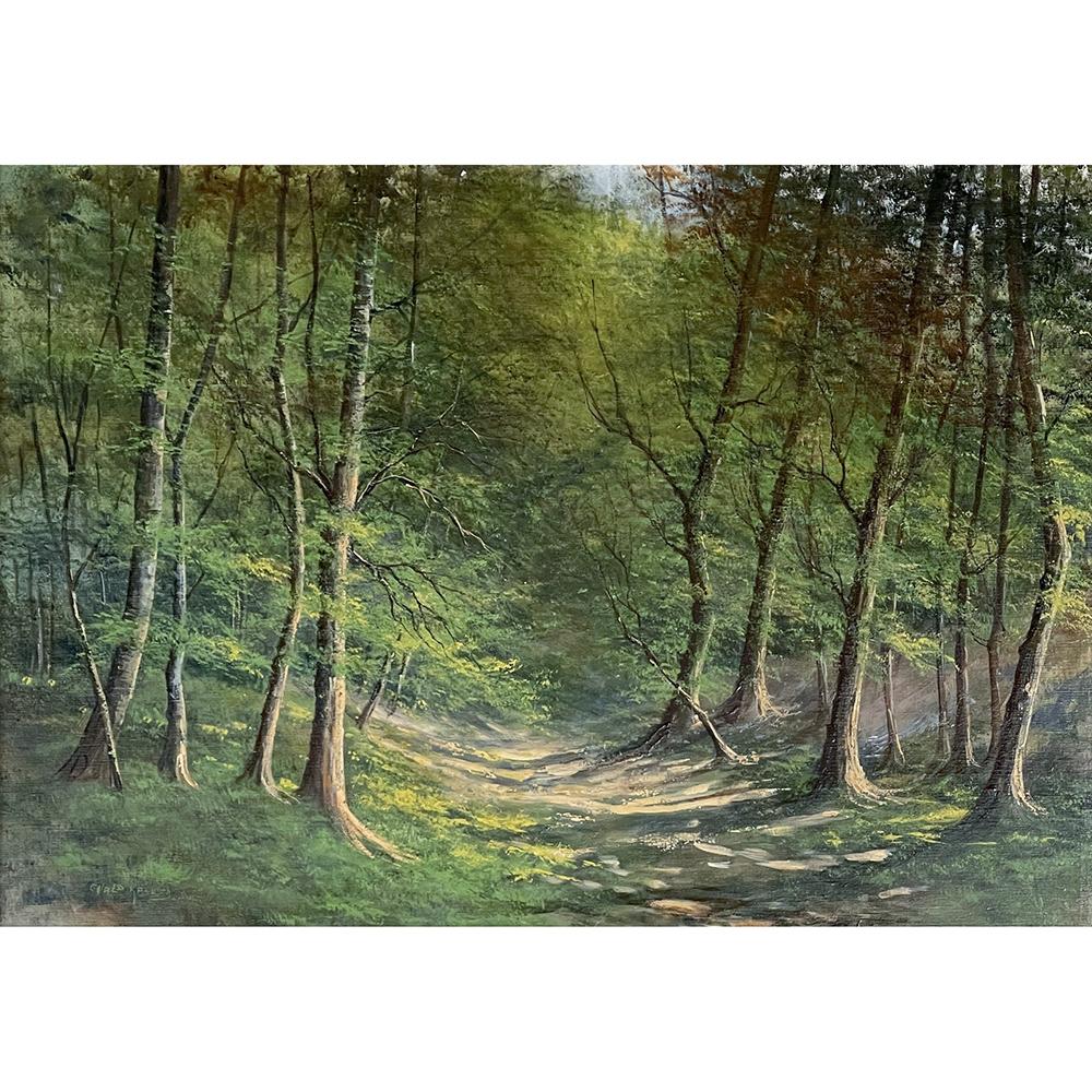 Framed oil painting on canvas by Ewald Kreusch (1895-1960) is a delightful study of an old-growth forest with a footworn path leading on to adventures beyond the horizon. Kreusch has used a splendid palette with varying shades of green to create a