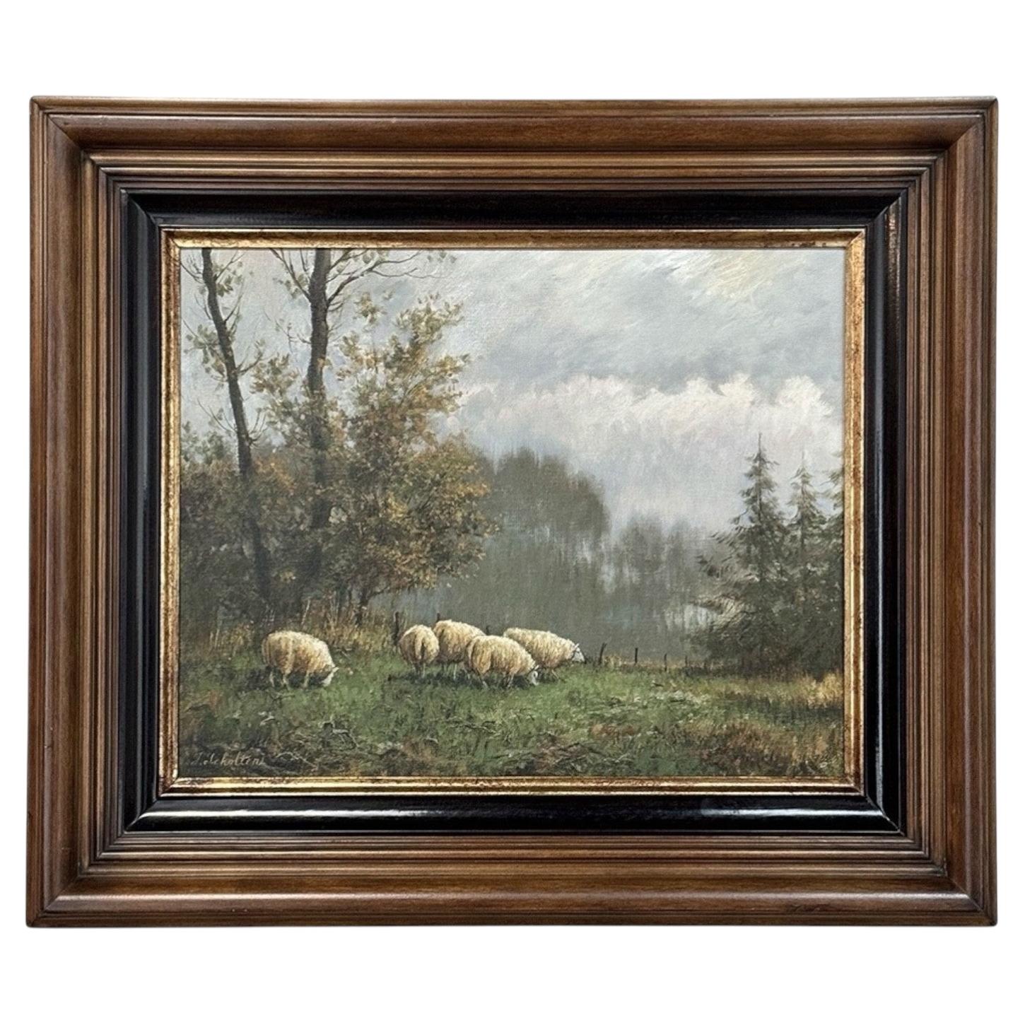 Framed Oil Painting on Canvas by F. Schloten 'Sheep in the Meadow'