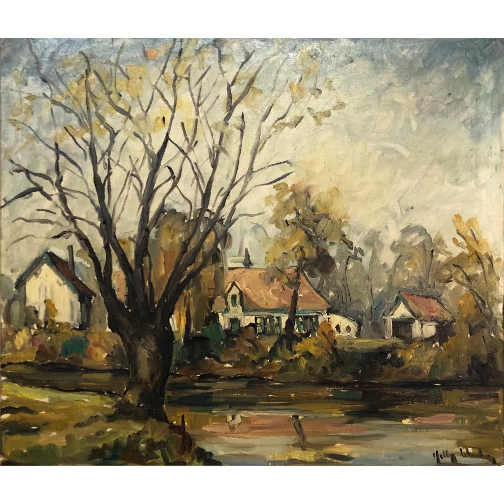 Framed oil painting on canvas by Nelly Windels (1922-2007) is a superb post-impressionist work depicting a charming homestead nestled in the country at the onset of Spring. Here Windels has chosen to use the homestead as the backdrop with a