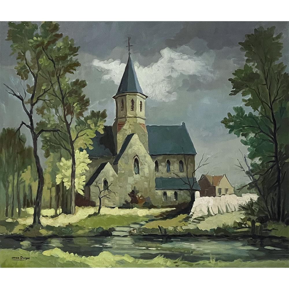 Framed oil painting on canvas by Omer Buyse dated 1981 presents an interesting palette with cool colors on an overcast day, depicting a quaint country church next to a creek. An interesting aspect is the reinforced wall whose purpose remains lost to
