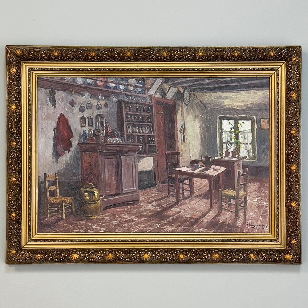 Antique Framed Oil Painting on Canvas by Victor Waegemaeckers is a wonderful example of the interior painting genre that flourished in the 19th century giving us insights into the daily lives of those living in a bygone era.  The artist has used a
