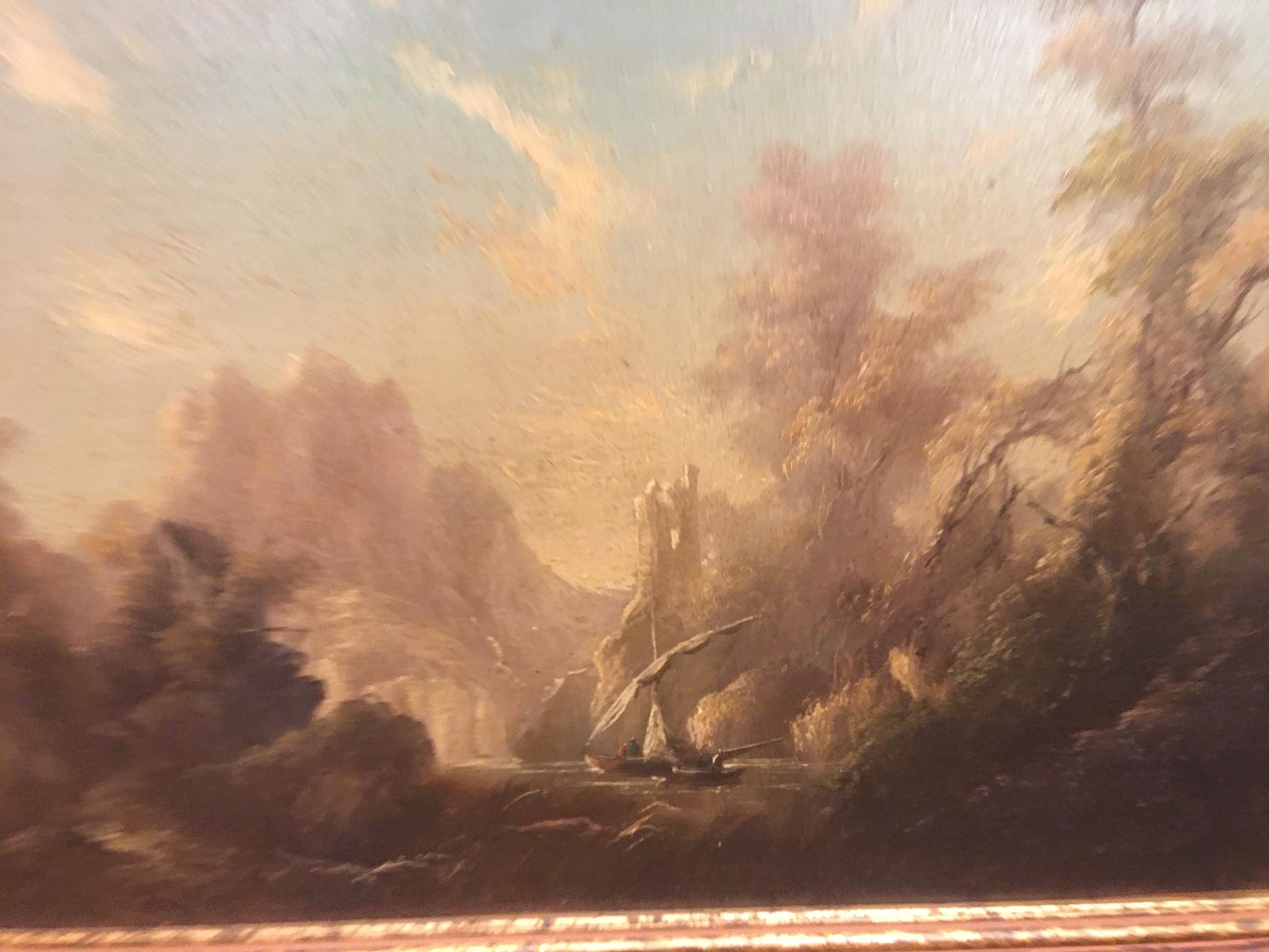 Late 19th century framed oil painting on canvas, fisherman on water with mountains, unsigned.