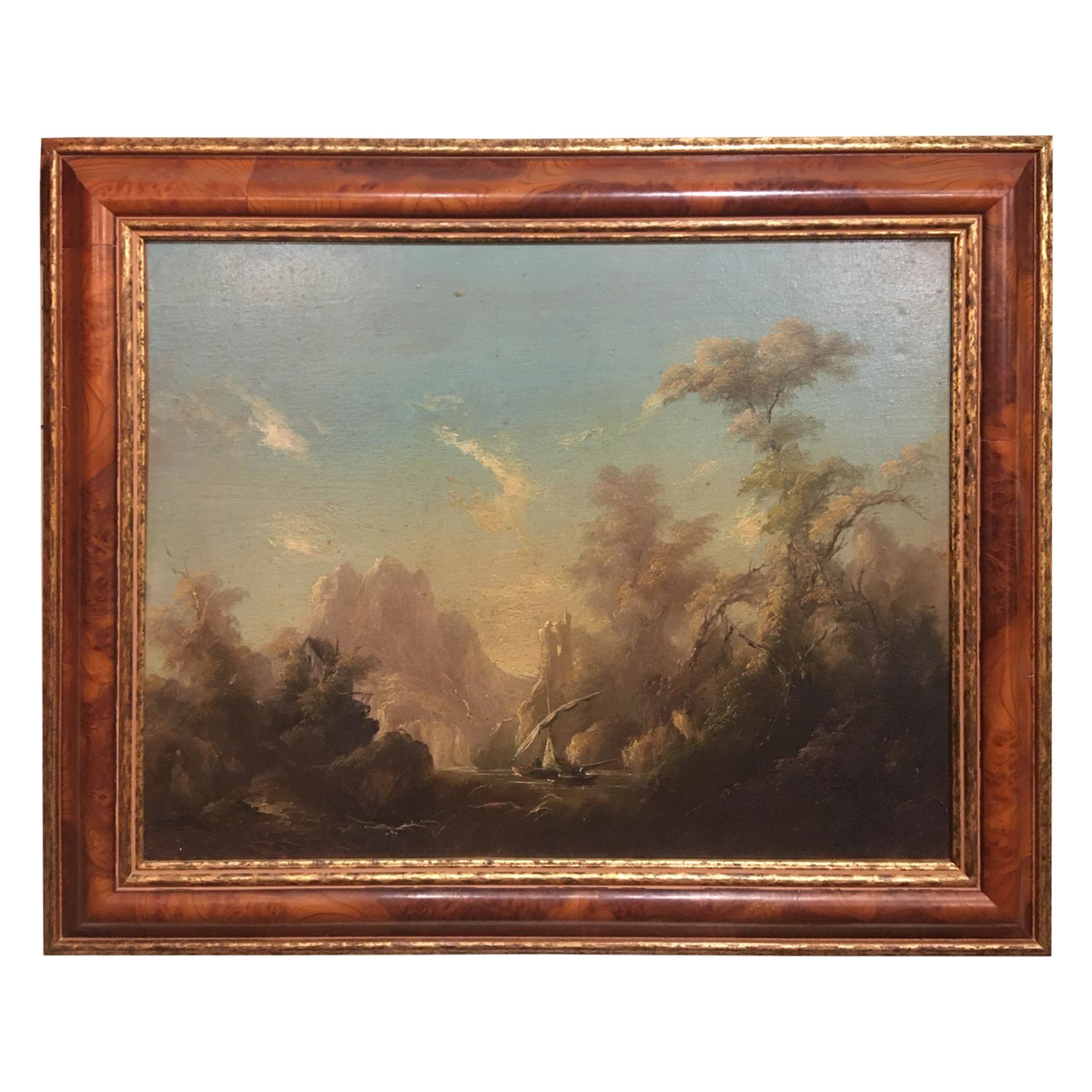 Framed Oil Painting on Canvas, Fisherman on Water, Unsigned, Late 19th Century