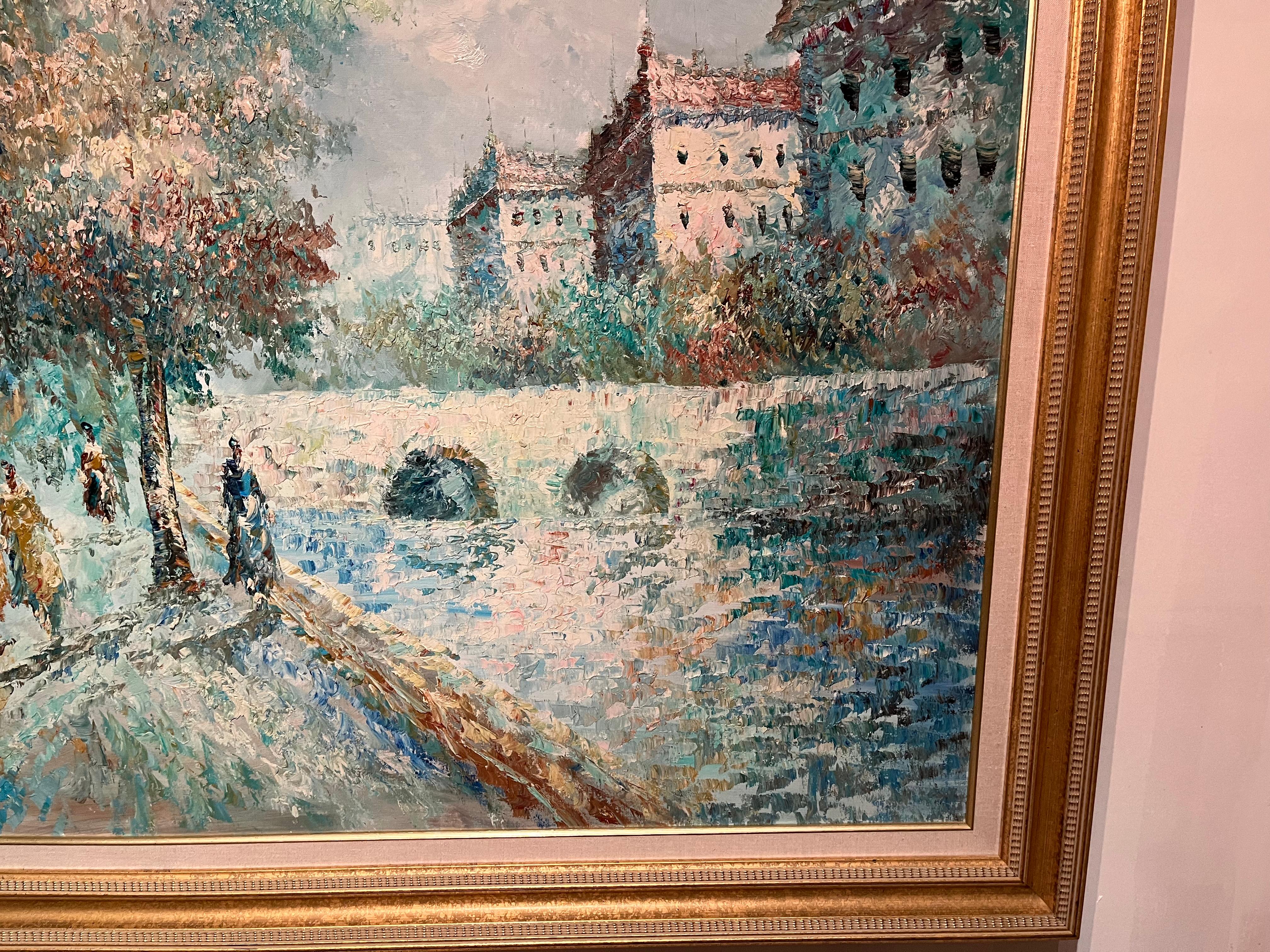 Größeres gerahmtes Ölgemälde auf Leinwand mit europäischer Szene des Impressionismus im Angebot 4