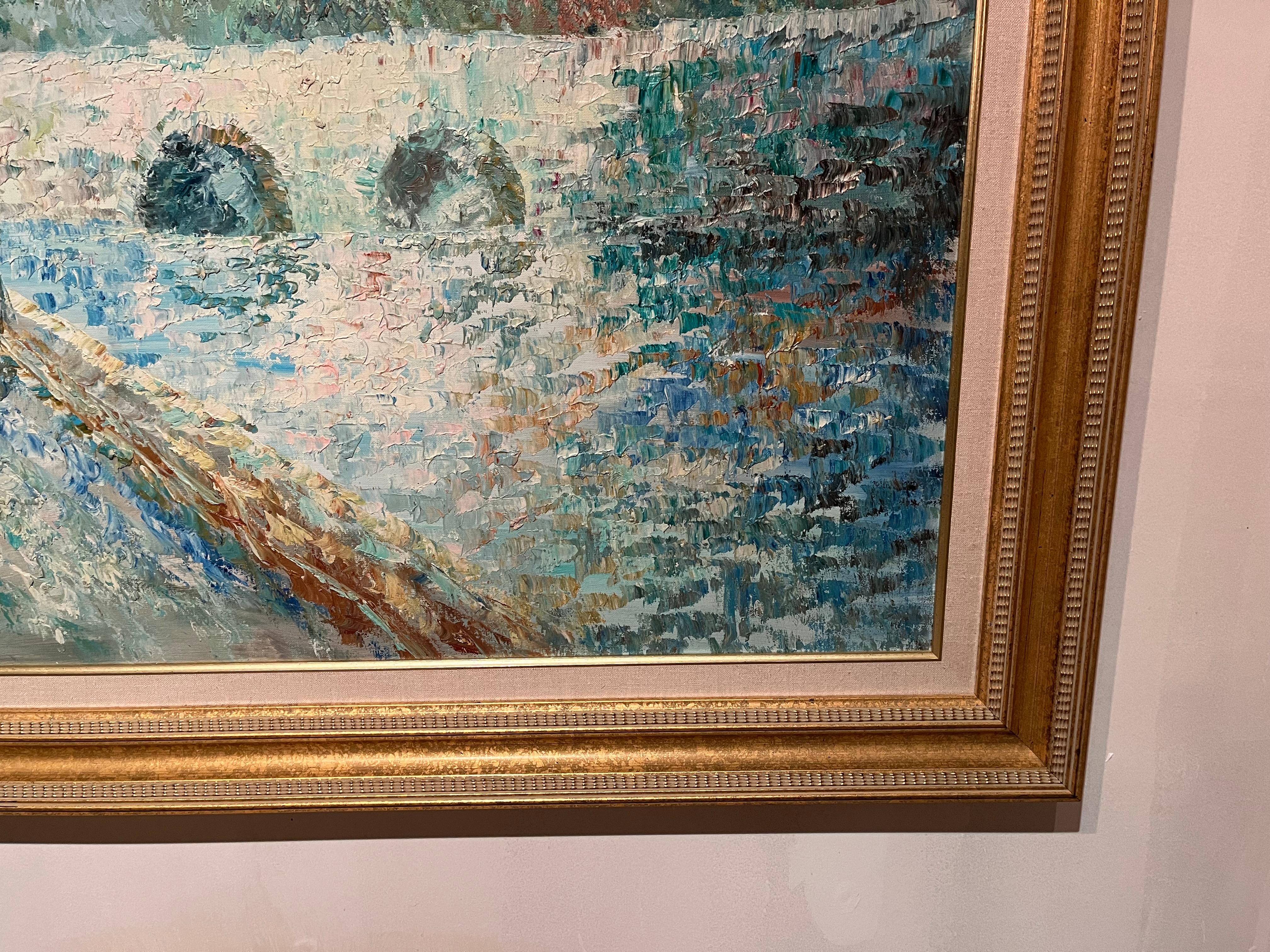Größeres gerahmtes Ölgemälde auf Leinwand mit europäischer Szene des Impressionismus im Angebot 5