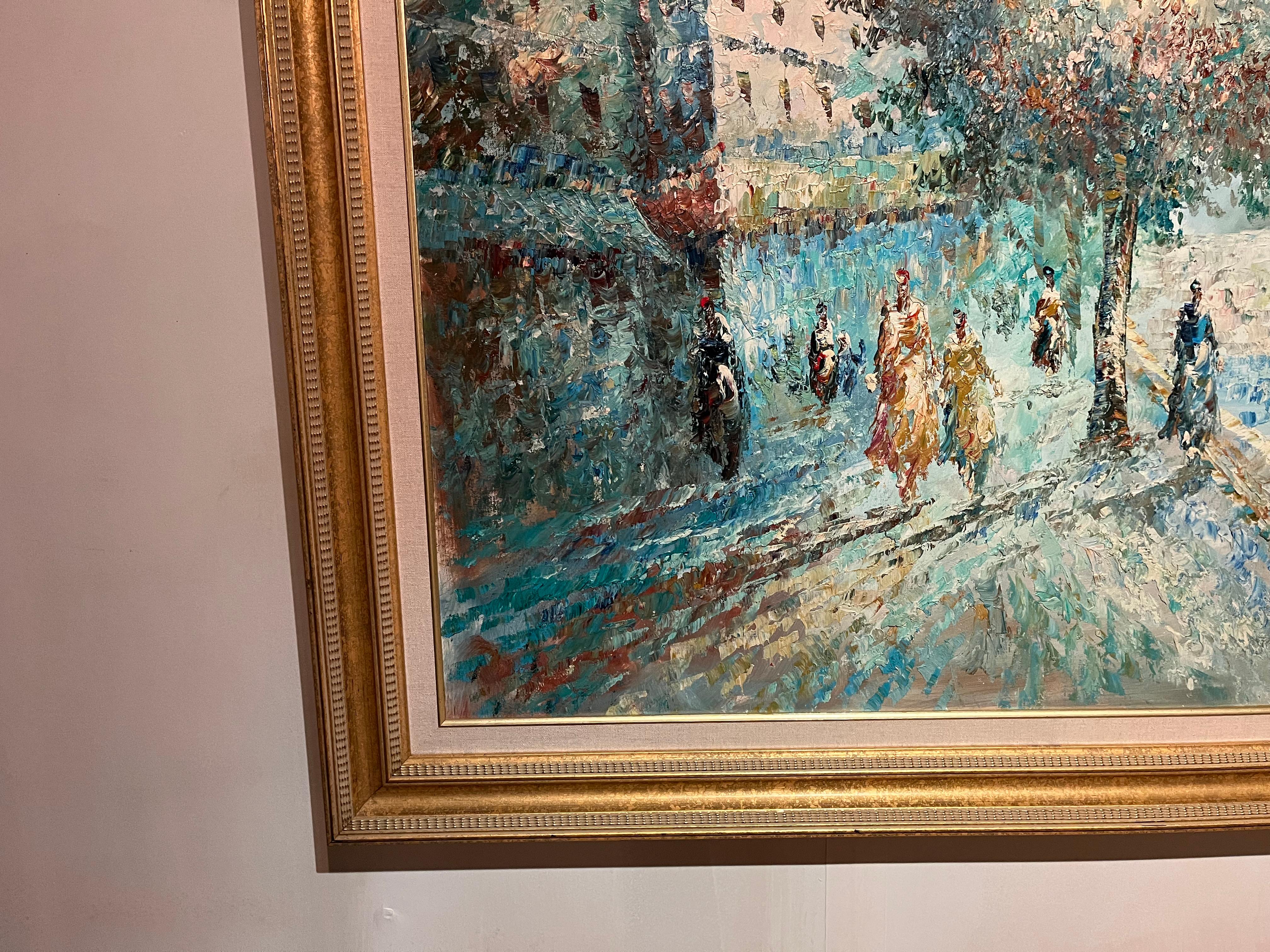 Größeres gerahmtes Ölgemälde auf Leinwand mit europäischer Szene des Impressionismus im Angebot 7