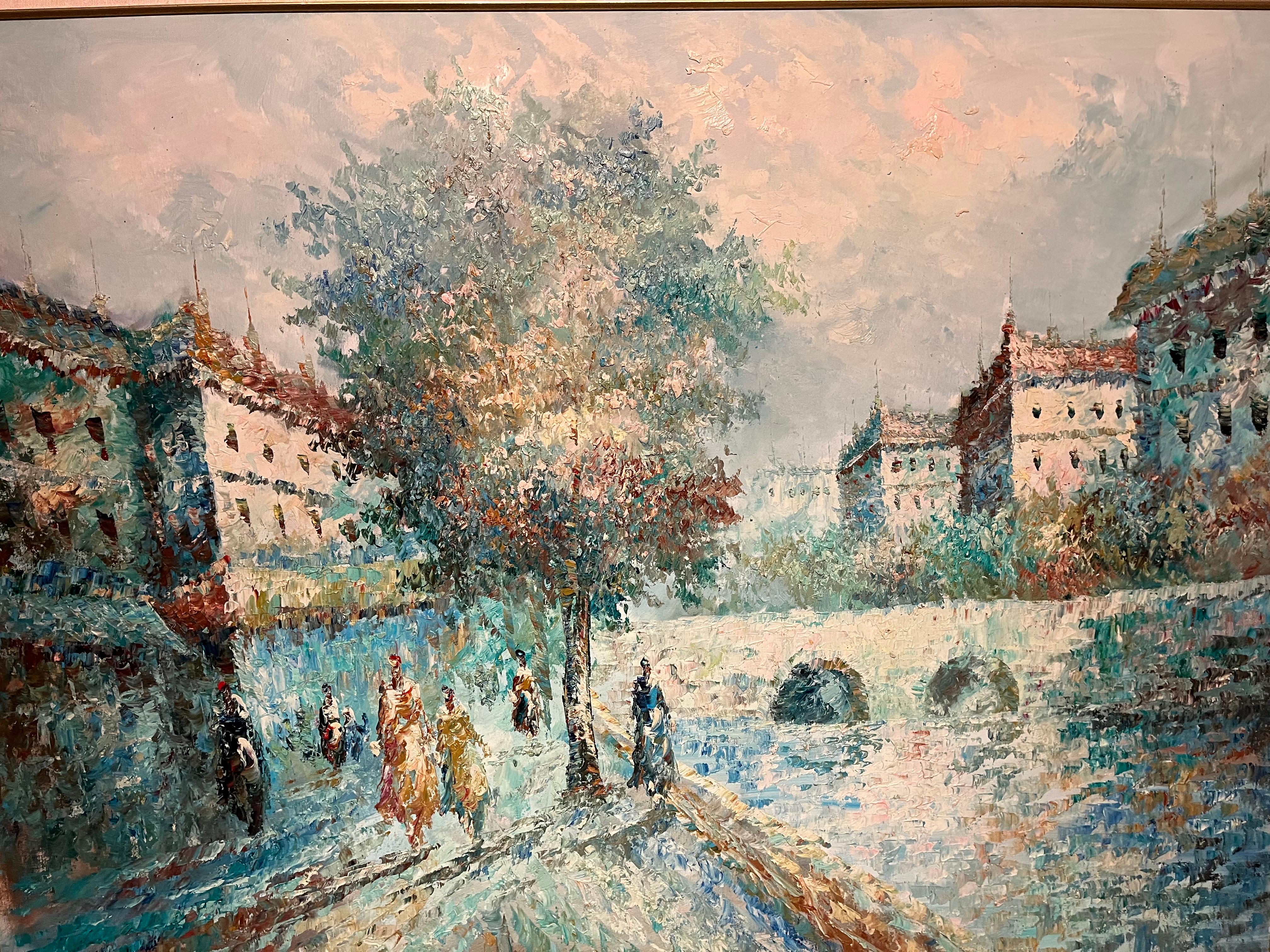 Größeres gerahmtes Ölgemälde auf Leinwand mit europäischer Szene des Impressionismus im Angebot 8
