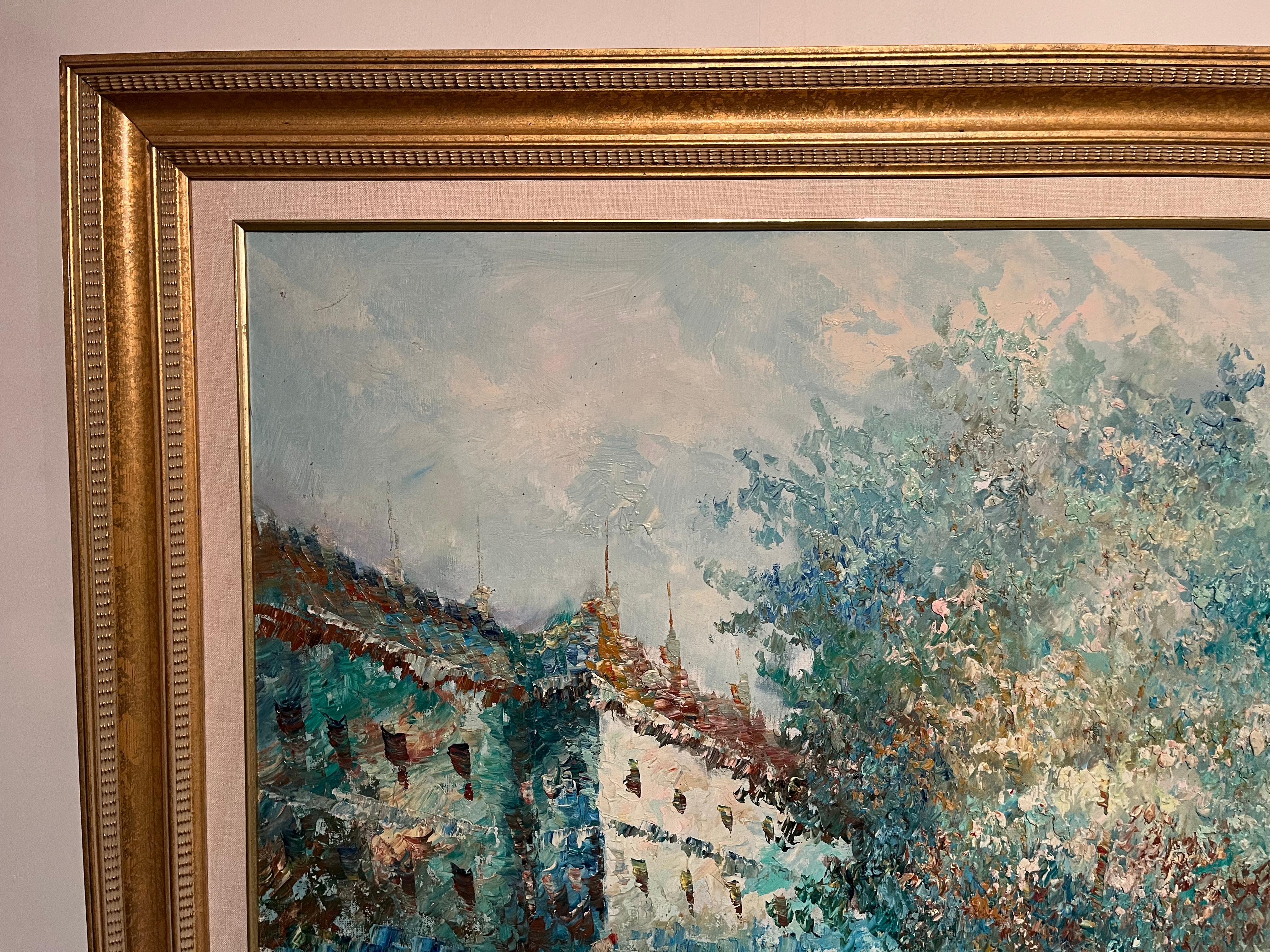 Größeres gerahmtes Ölgemälde auf Leinwand mit europäischer Szene des Impressionismus (Unbekannt) im Angebot