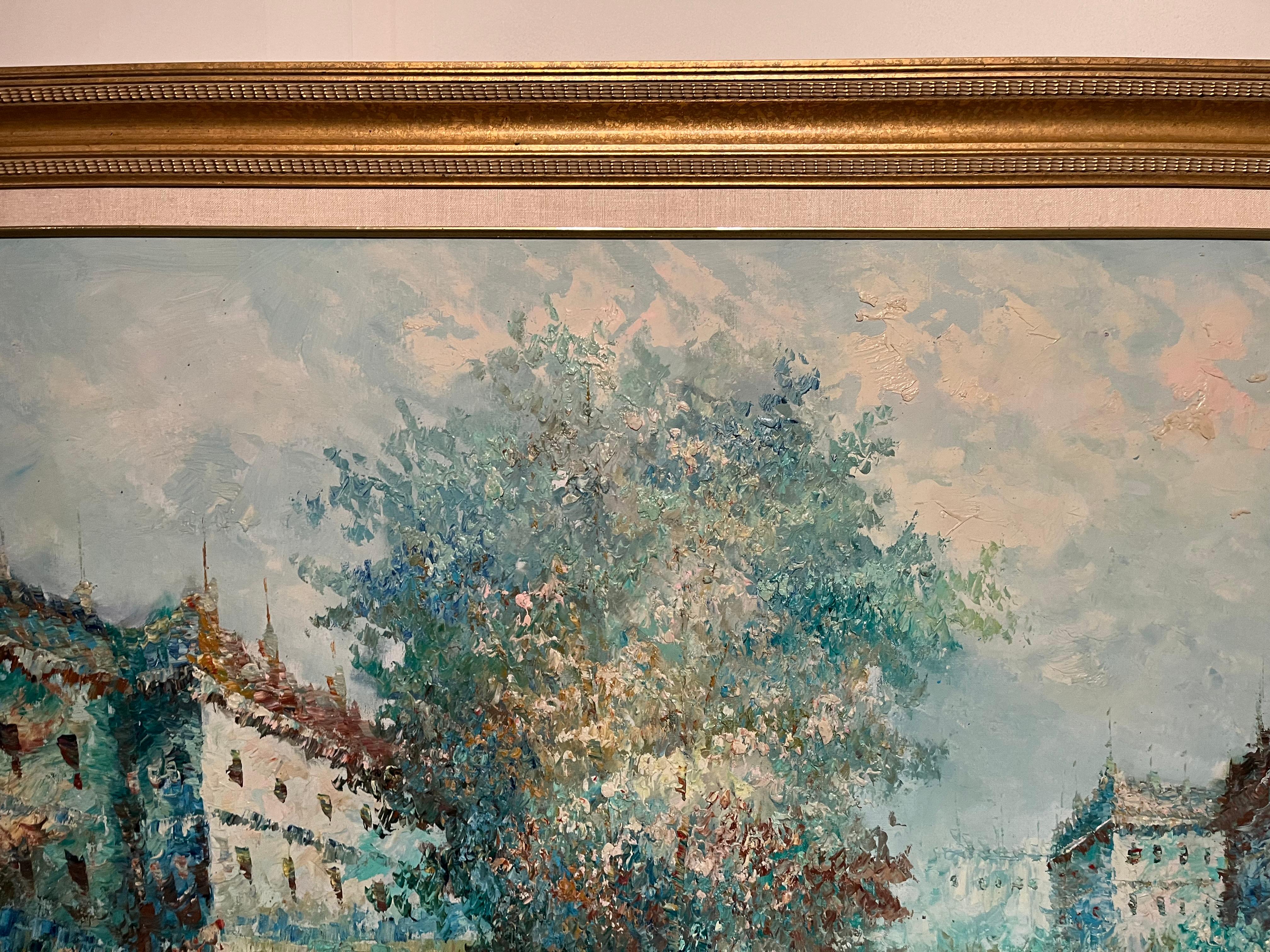 Größeres gerahmtes Ölgemälde auf Leinwand mit europäischer Szene des Impressionismus (Geölt) im Angebot