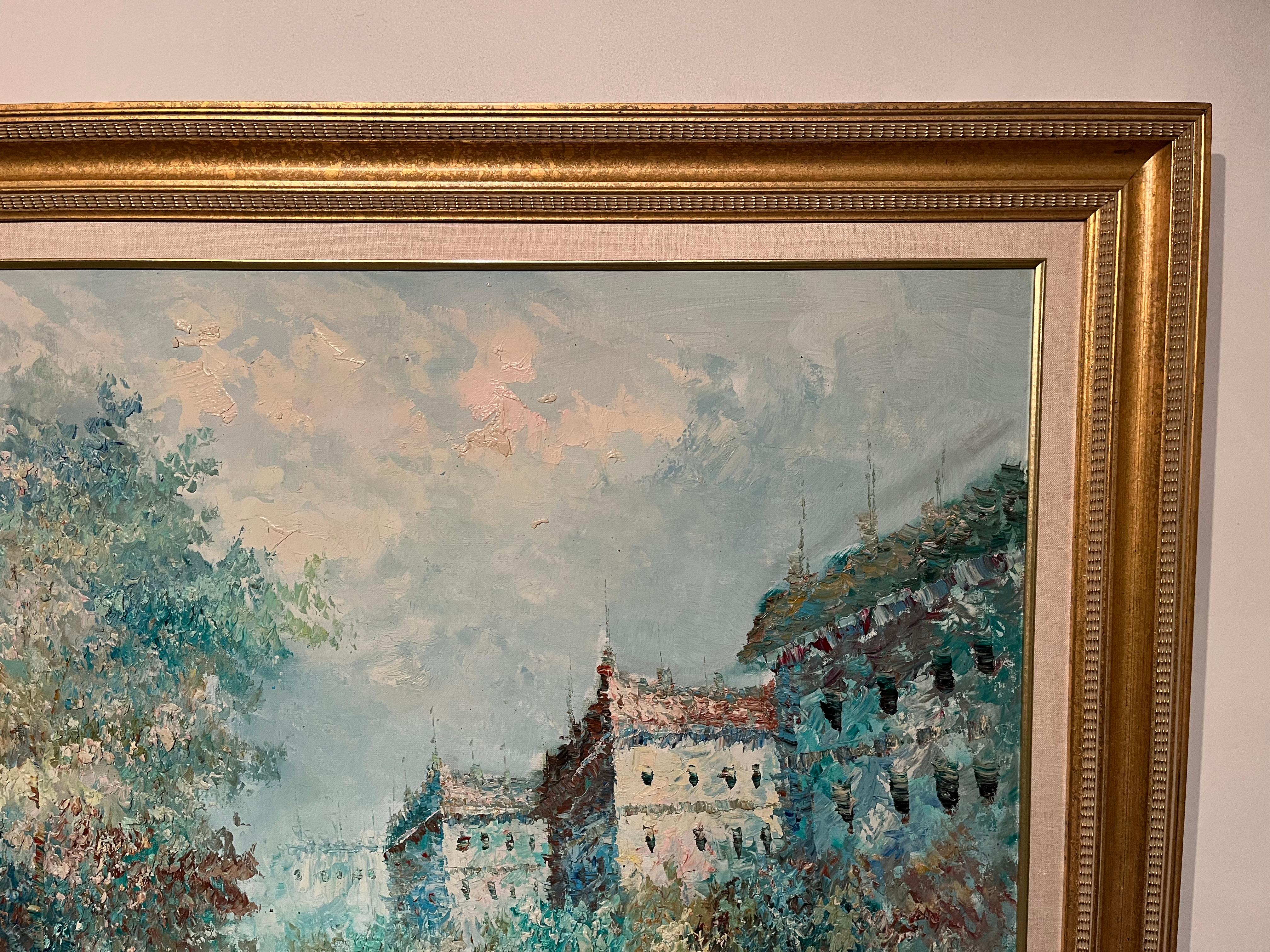 Größeres gerahmtes Ölgemälde auf Leinwand mit europäischer Szene des Impressionismus im Zustand „Hervorragend“ im Angebot in Greenwich, CT