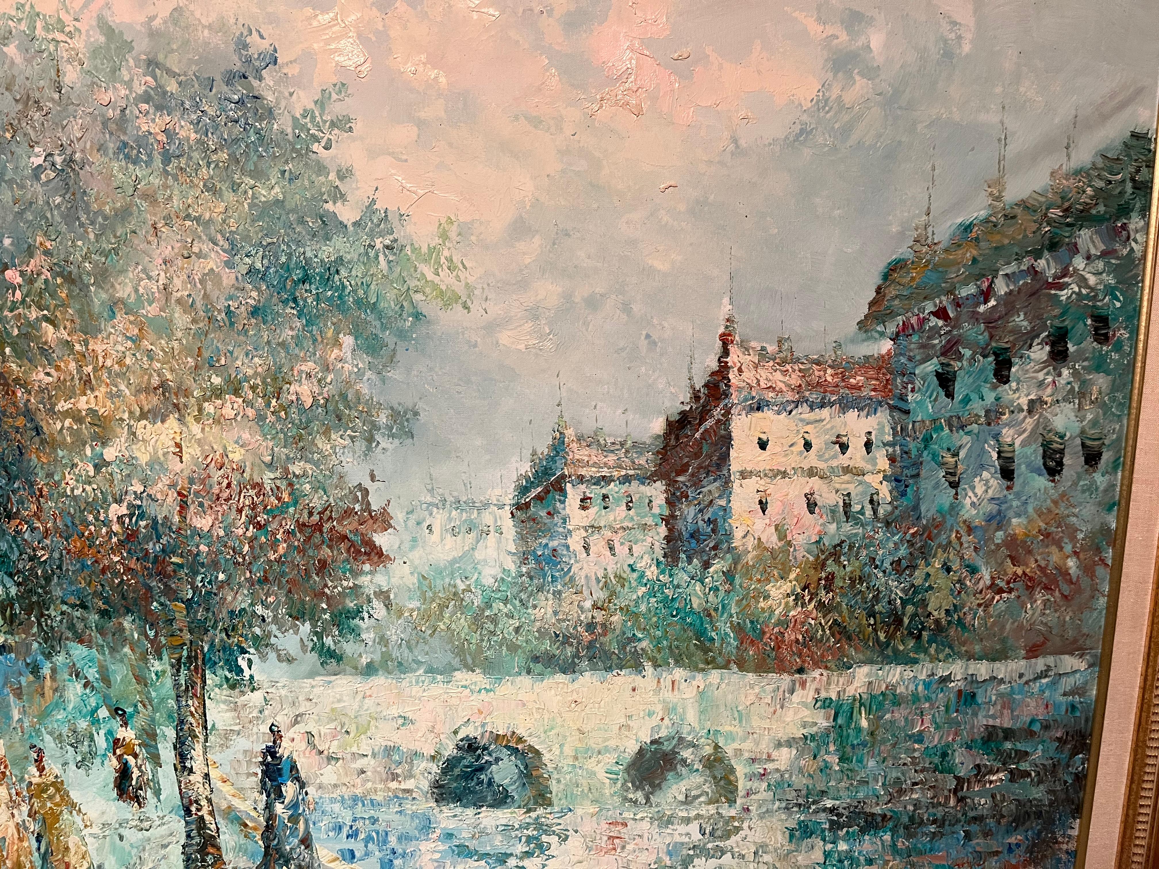 Größeres gerahmtes Ölgemälde auf Leinwand mit europäischer Szene des Impressionismus (20. Jahrhundert) im Angebot
