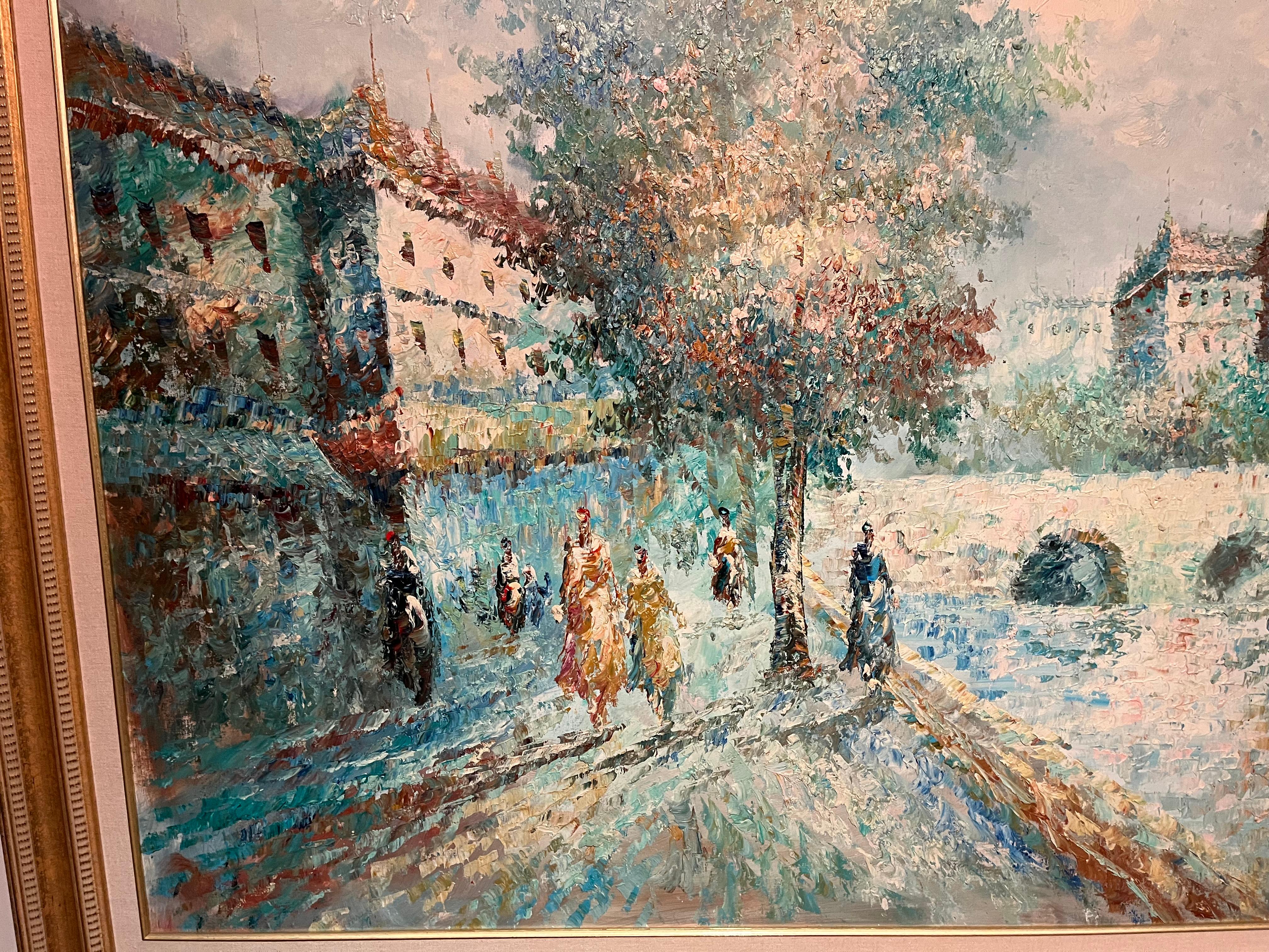 Größeres gerahmtes Ölgemälde auf Leinwand mit europäischer Szene des Impressionismus im Angebot 2