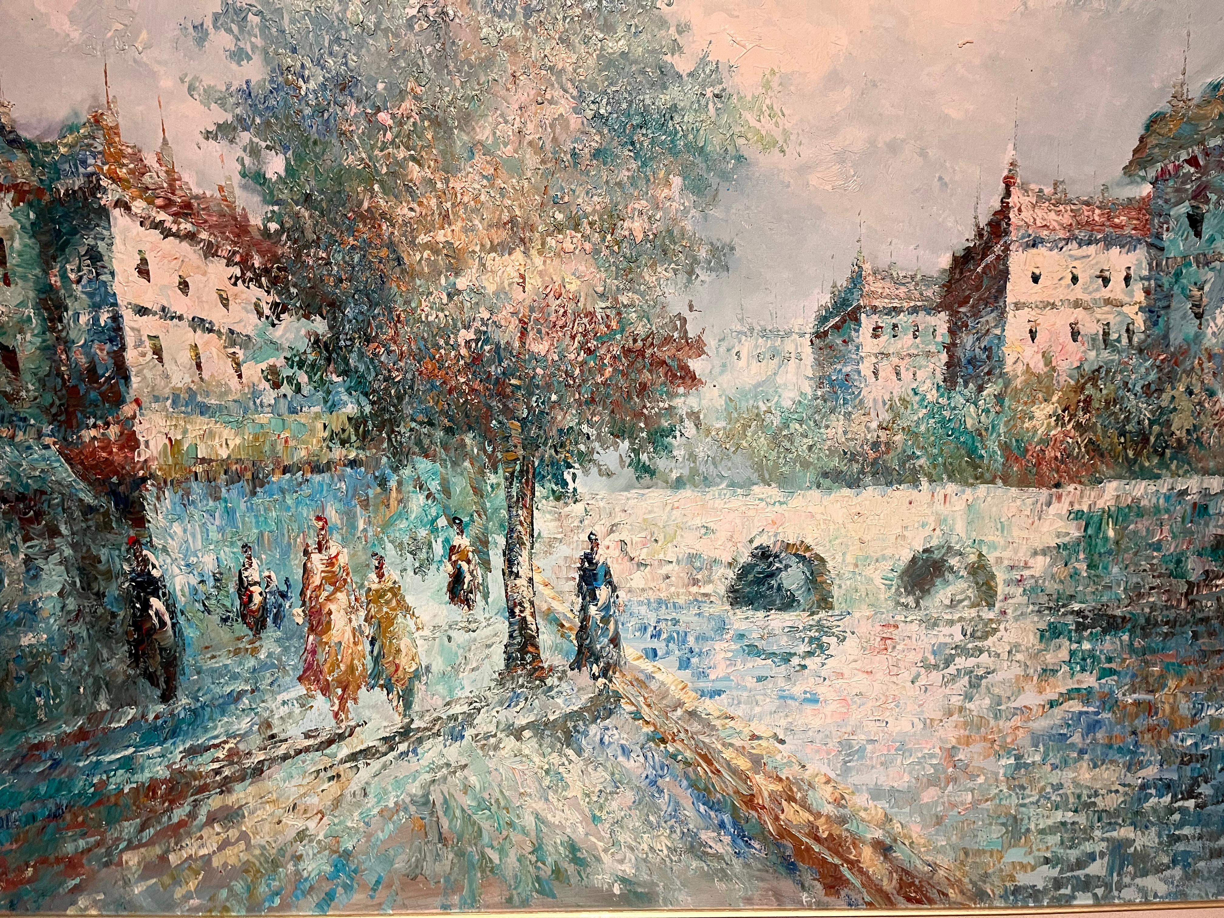Größeres gerahmtes Ölgemälde auf Leinwand mit europäischer Szene des Impressionismus im Angebot 3