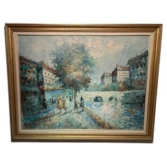 Pittura ad olio su tela con cornice più grande di scena europea impressionista
