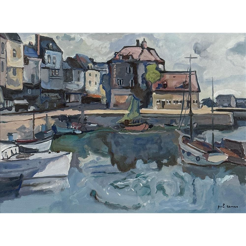 Gerahmtes Ölgemälde auf Leinwand ~ Port de Plaisance von Pol Renar zeigt eine kühne post-impressionistische Ansicht eines charmanten Dorfes am Meer, das vom Künstler betitelt wurde und typisch für eine Vielzahl von mediterranen Dörfern ist, die an