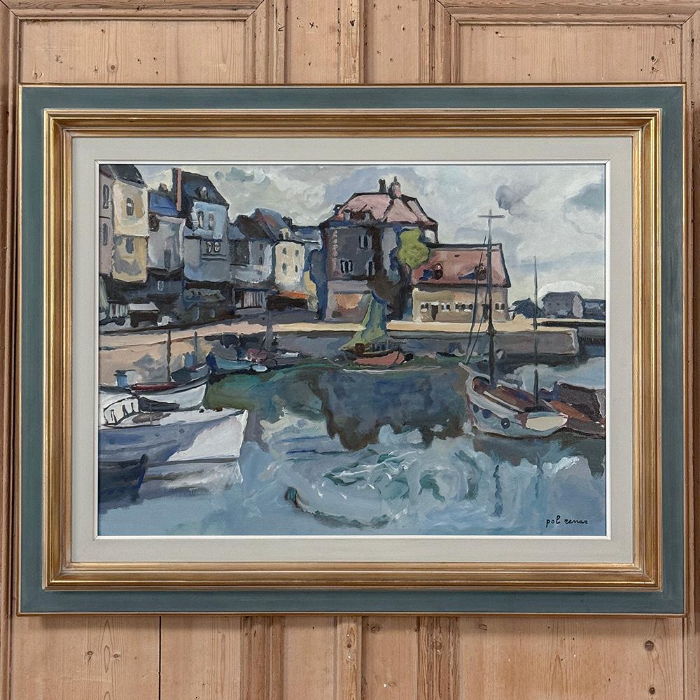 Gerahmtes Ölgemälde auf Leinwand ~ Port de Plaisance von Pol Renar (Moderne der Mitte des Jahrhunderts) im Angebot