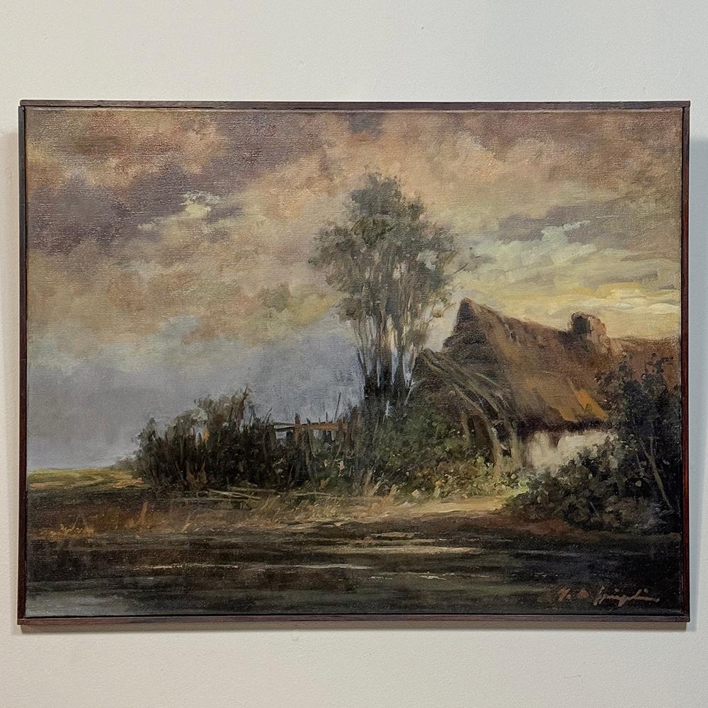 Framed Oil Painting on Panel by Marthe de Spiegeleir (1897-1991) is a splendid post-impressionist work depicting a charming country cottage on a late afternoon.  The presence of an untended garden and a thatch roof that is in need of repair indicate