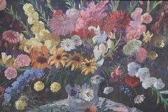 Still Life Oil Painting of Beige and Blue Vase, Mid-Century, Framed