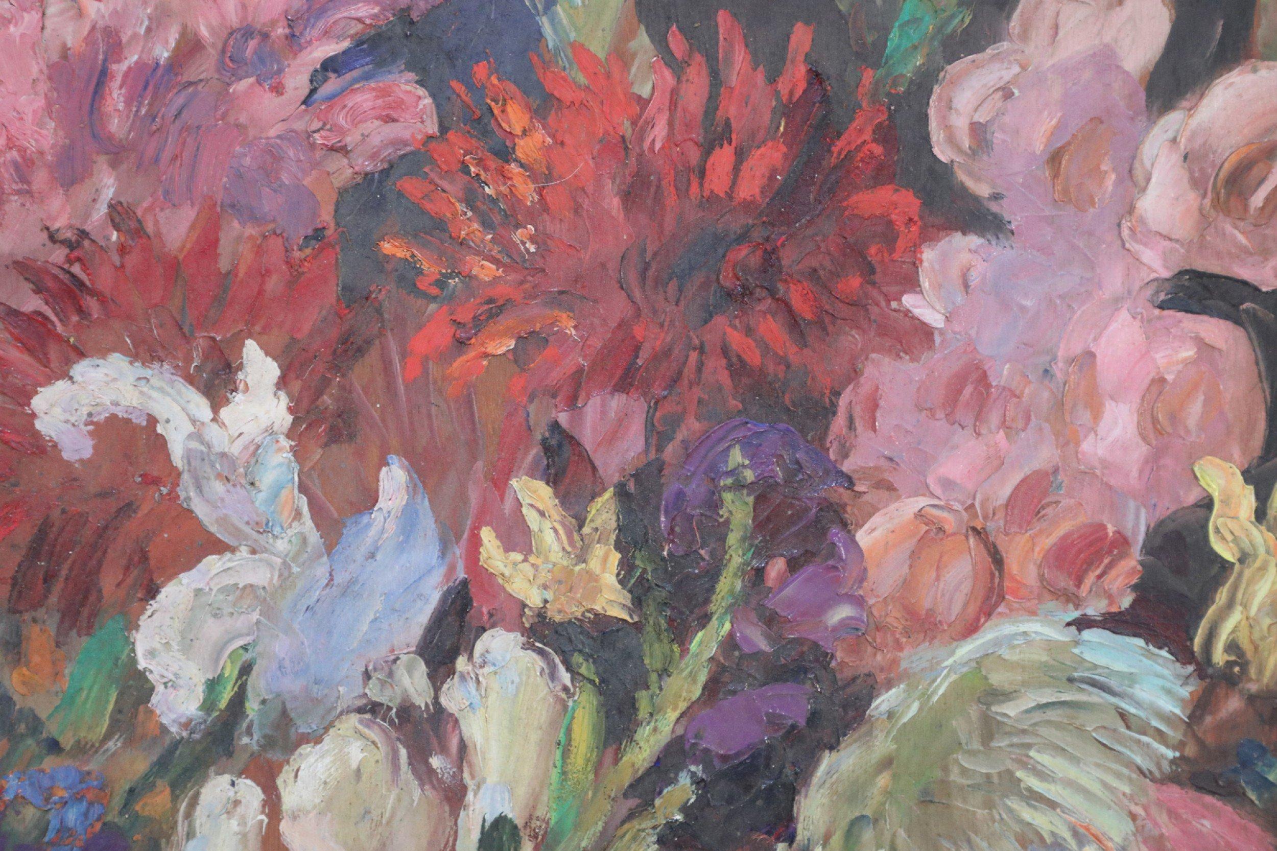 Mid-Century Modern Framed Oil Still Life of an Abundant Wildflower Bouquet For Sale