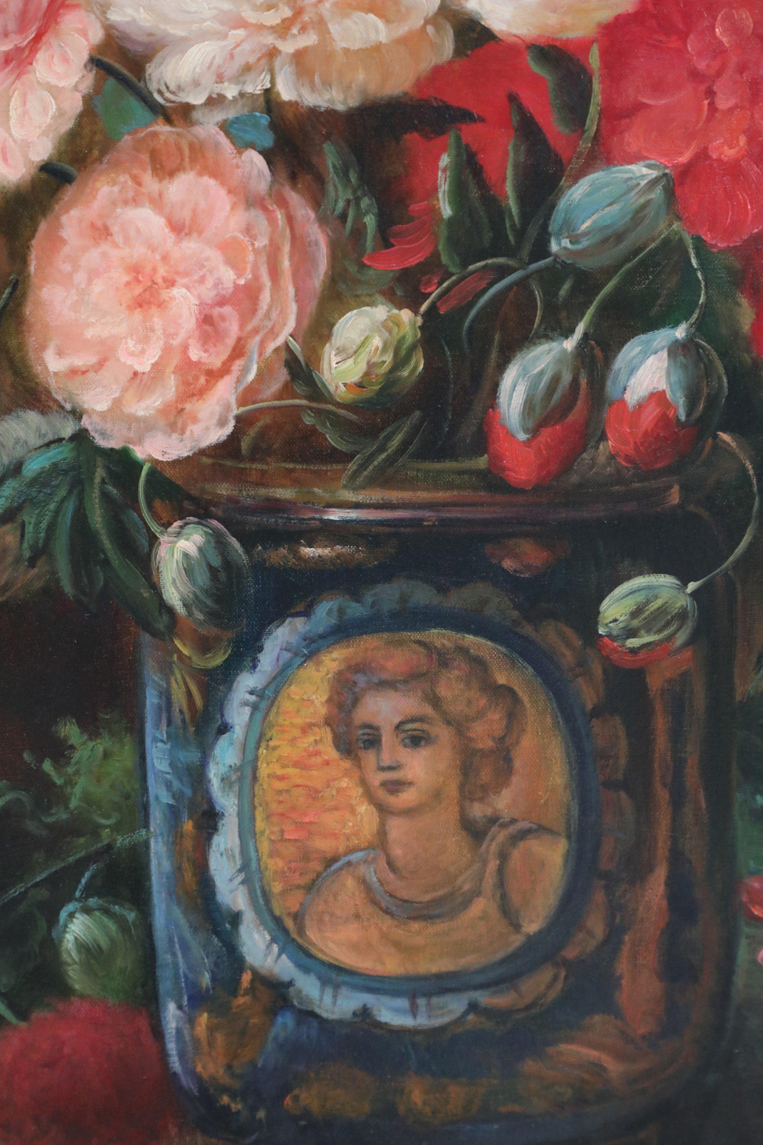 American Framed Oil Still Life Painting of a Portrait Vase Filled with Flowers in Pinks For Sale