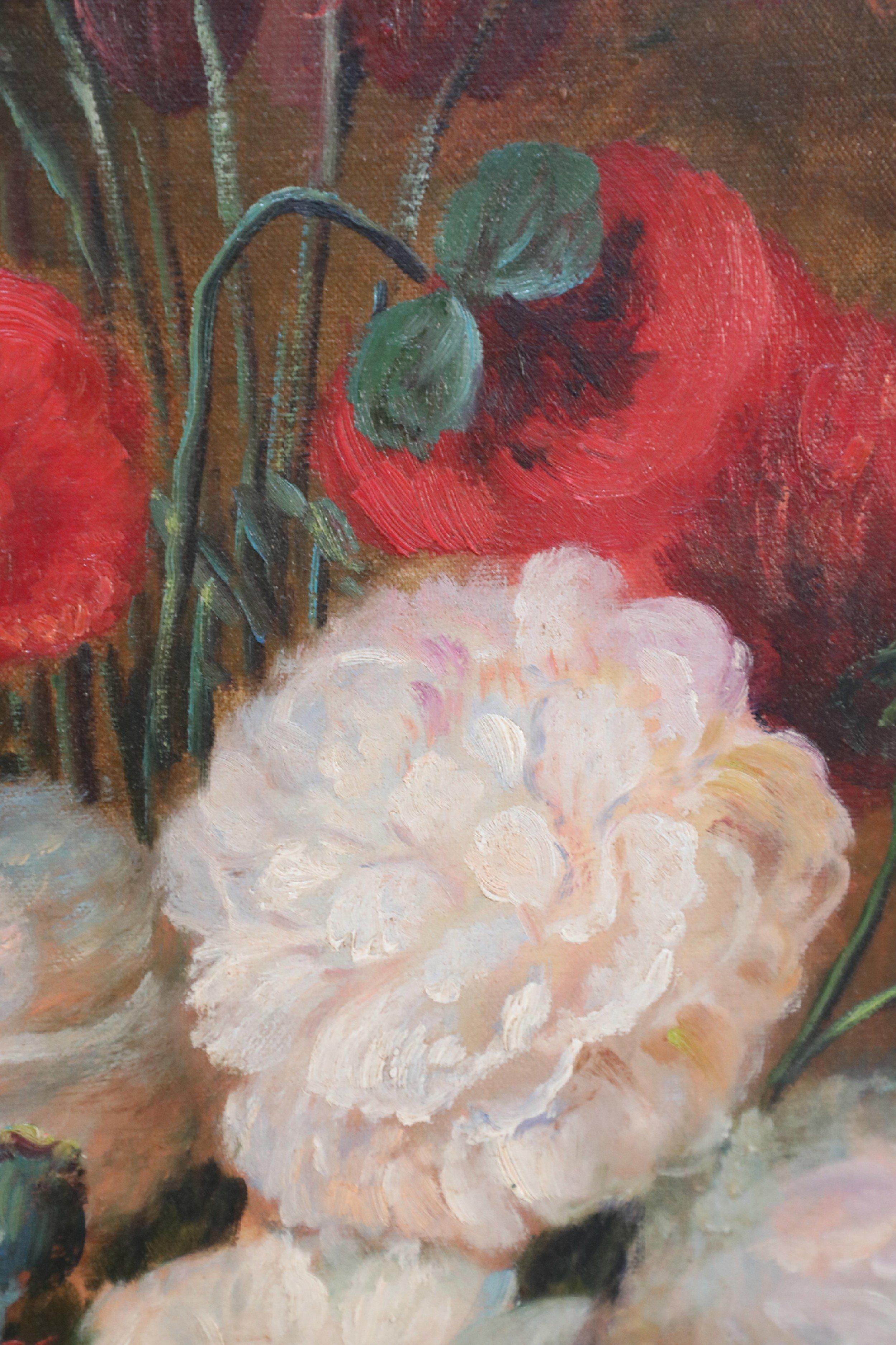 20th Century Framed Oil Still Life Painting of a Portrait Vase Filled with Flowers in Pinks For Sale