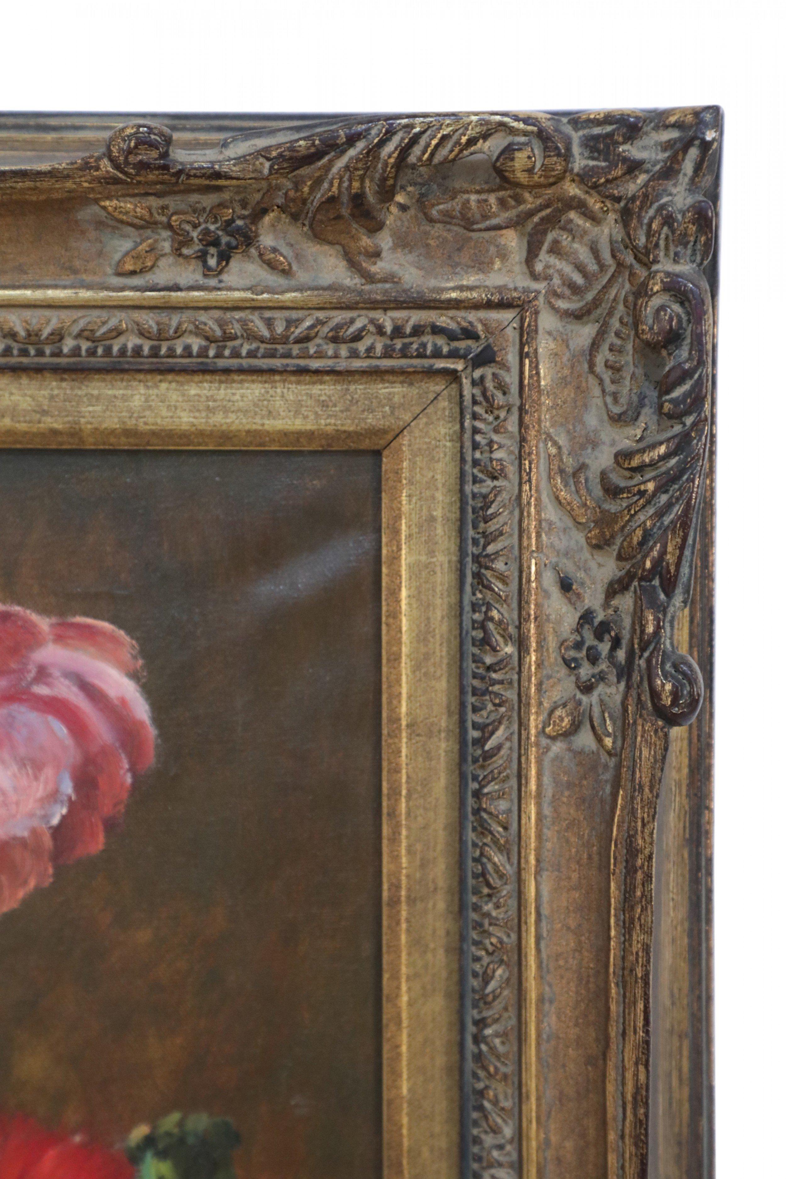 Framed Oil Still Life Painting of a Portrait Vase Filled with Flowers in Pinks For Sale 1