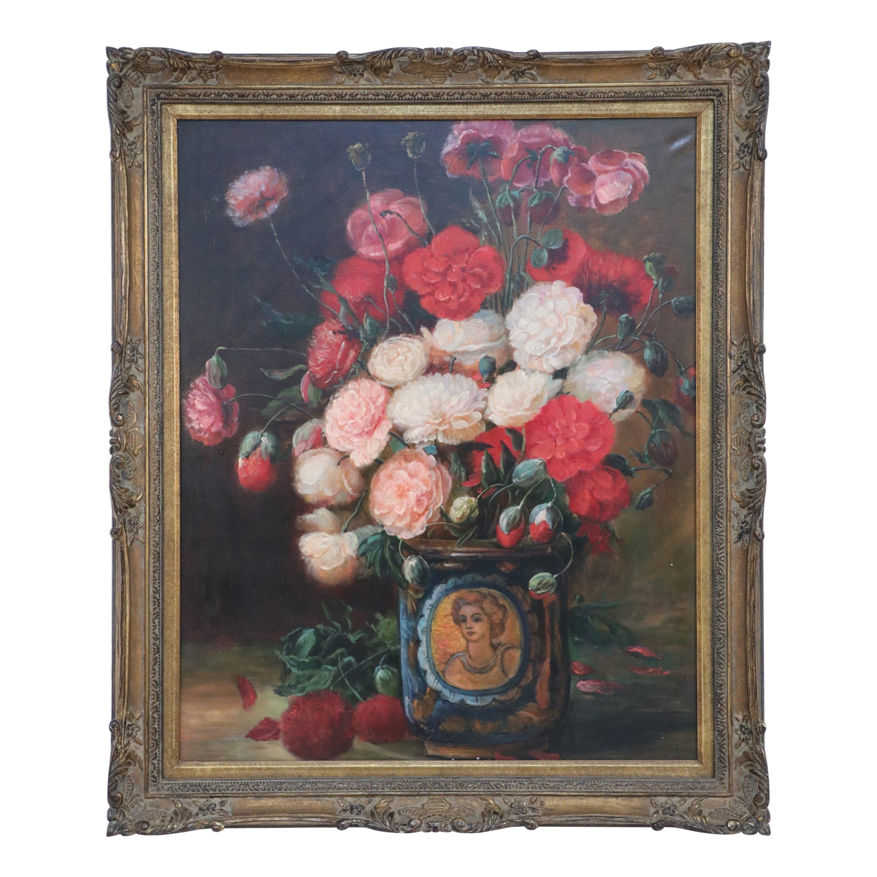 Nature morte à l'huile encadrée d'un vase à portrait rempli de fleurs roses en vente
