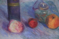 Framed Oil Still Life Painting of a Wine Bottle With Flowers and Fruit