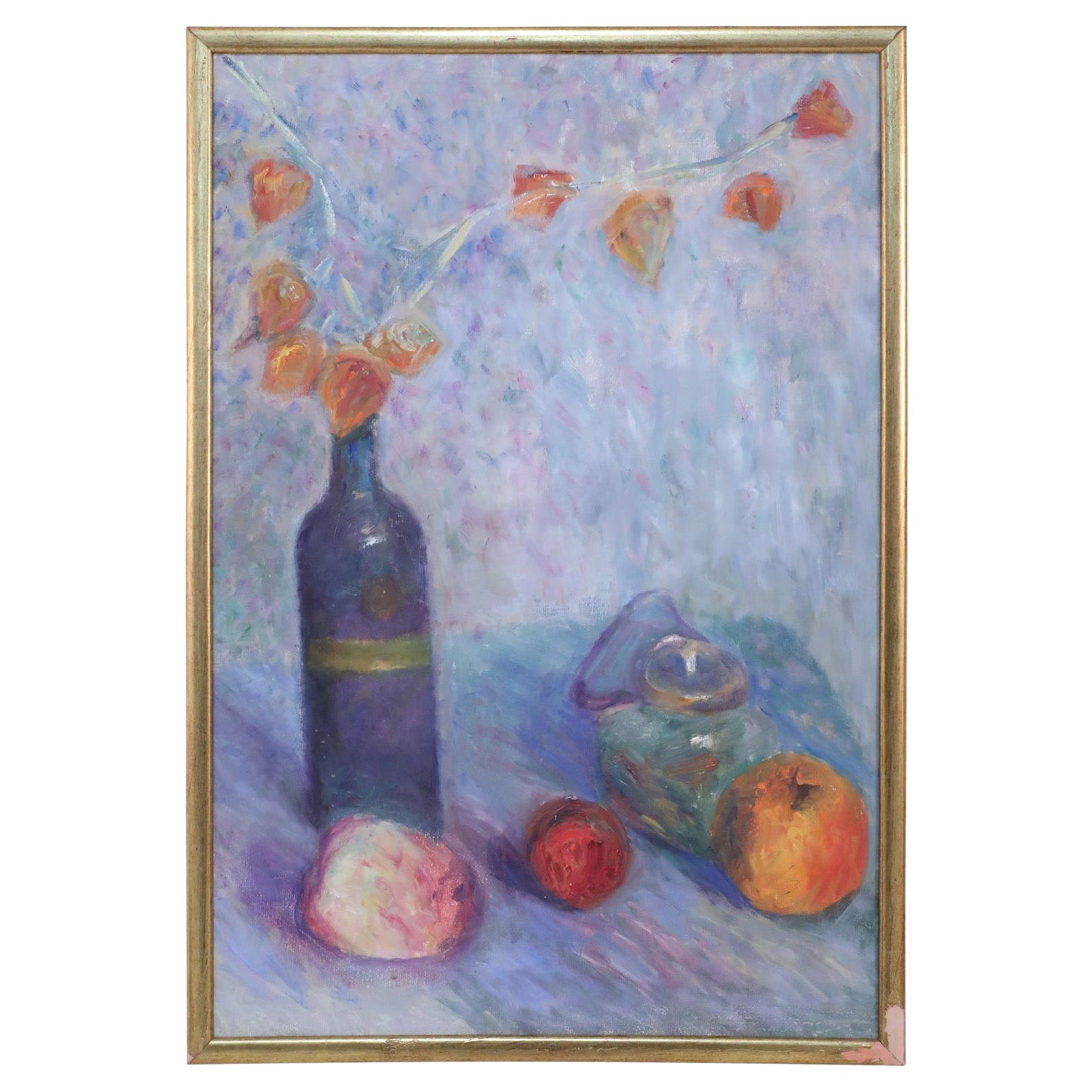 Gerahmtes Öl-Stillleben einer Weinflasche mit Blumen und Früchten