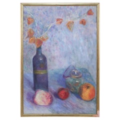 Vintage Framed Oil Still Life Painting of a Wine Bottle With Flowers and Fruit