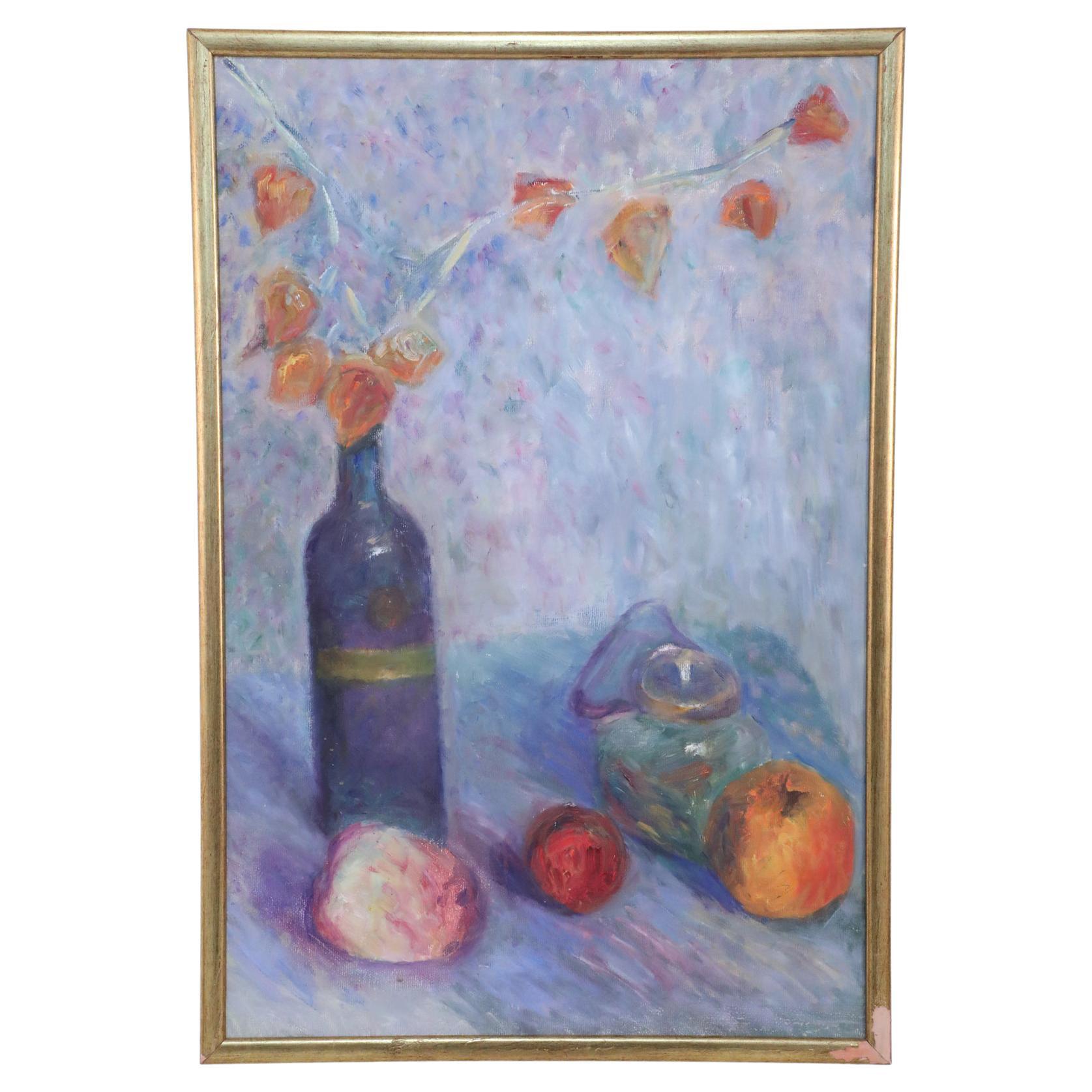 Framed Oil Still Life Painting of a Wine Bottle with Flowers and Fruit For Sale