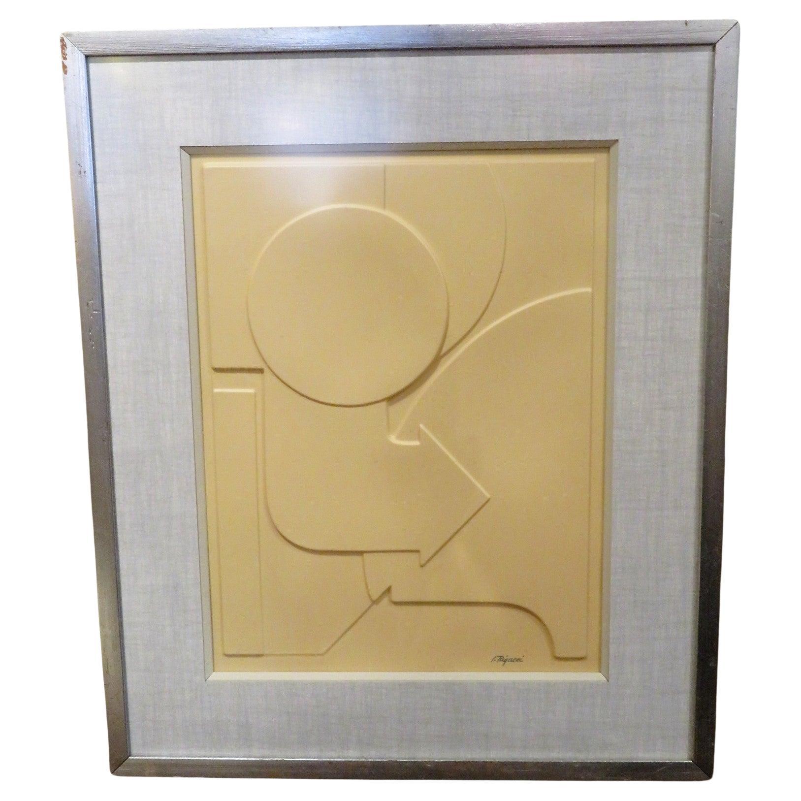 In the original silvered frame, an OP ART geometric molded plastic design by I. Rigacci, with a new silk matting and fillet and a new non glare glass. Signed I. Rigacci on the lower right facing. Quite nice, sophisticated.
Measurements: Frame 20 x