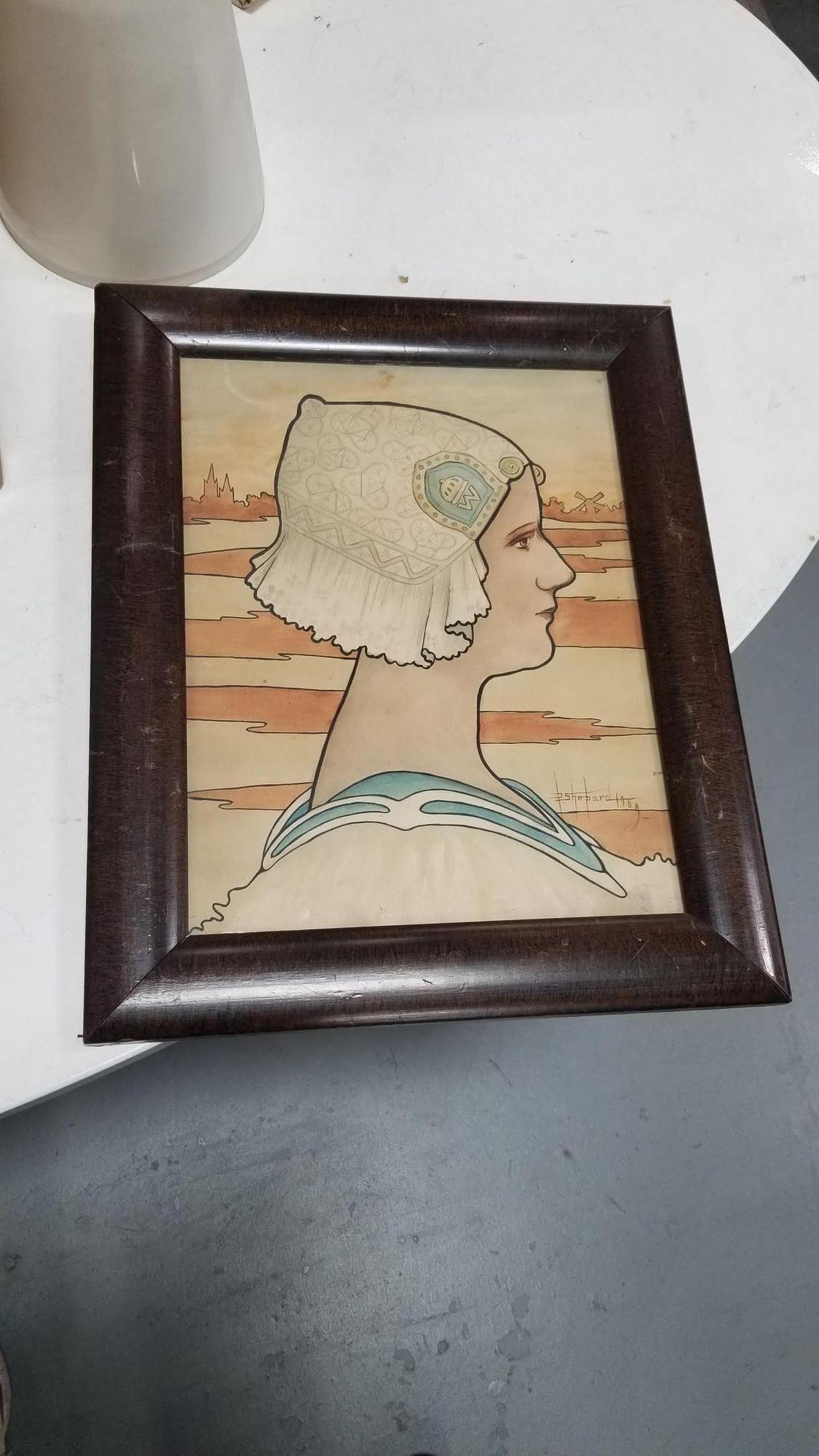 This is an original Art Nouveau-era promo artwork lithograph by P. Shepard of Queen Wilhelmina signed by artist P. Shepard and dated 1909.

Queen Wilhelmina, reigning over the Netherlands from 1890 to 1948, steered her nation through World Wars and