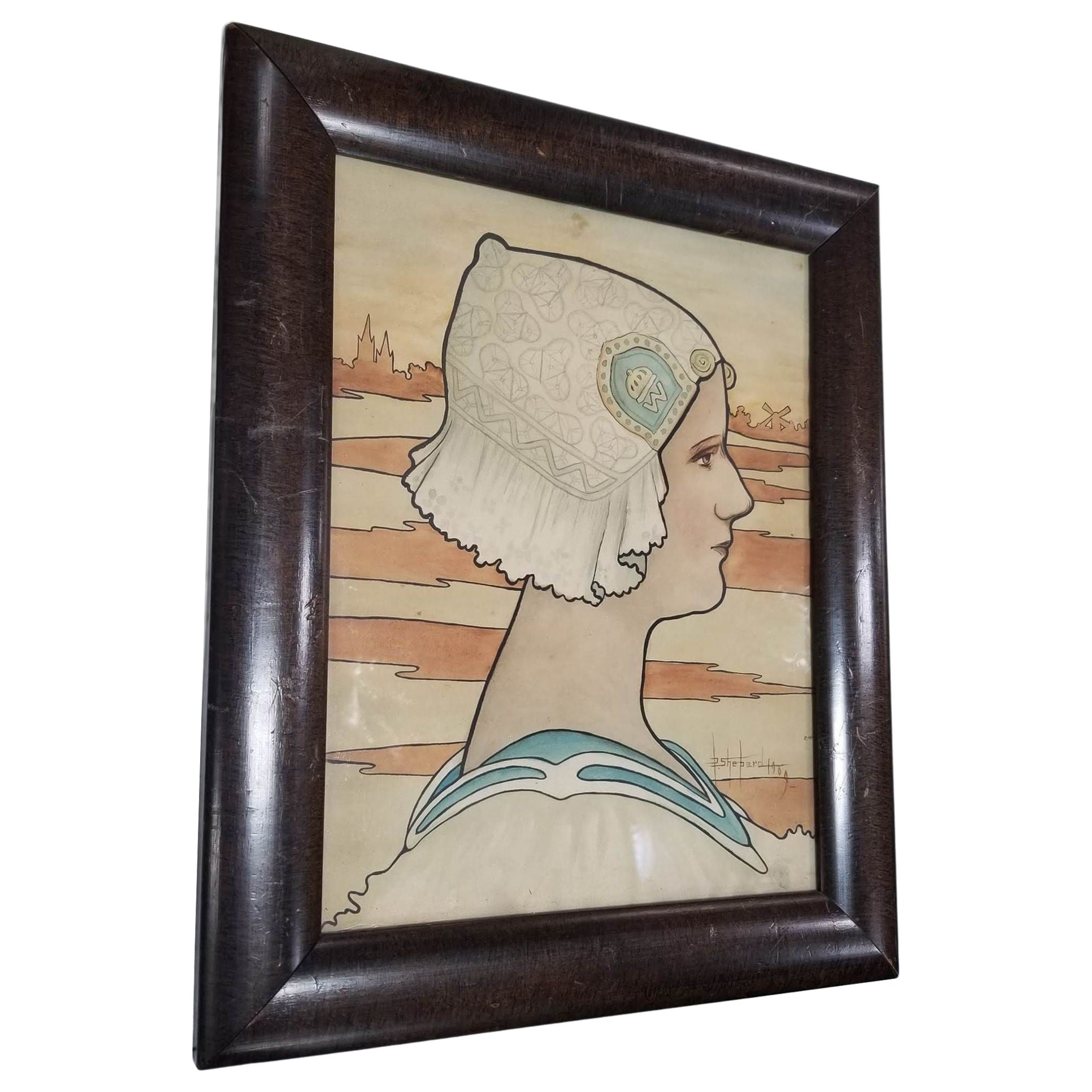 Framed Original 1909 Lithograph "Queen Wilhelmina" by P. Shepard For Sale