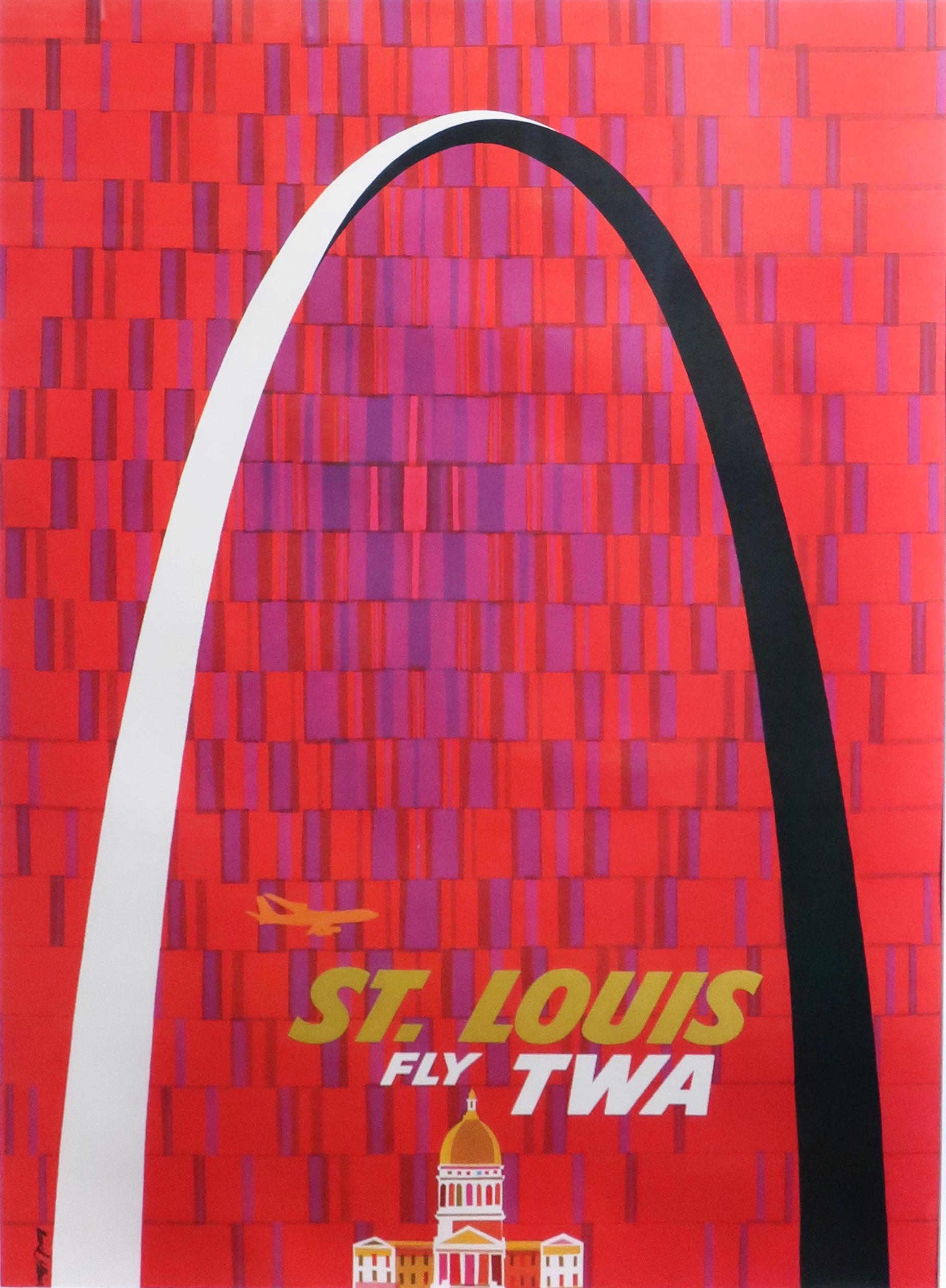 An original vintage mid-century airline travel poster advertising TWA (Trans World Airlines) and St. Louis. Set against the city’s most iconic monument, the Eero Saarinen designed Gateway Arch, this brightly colored linen-backed lithograph is by