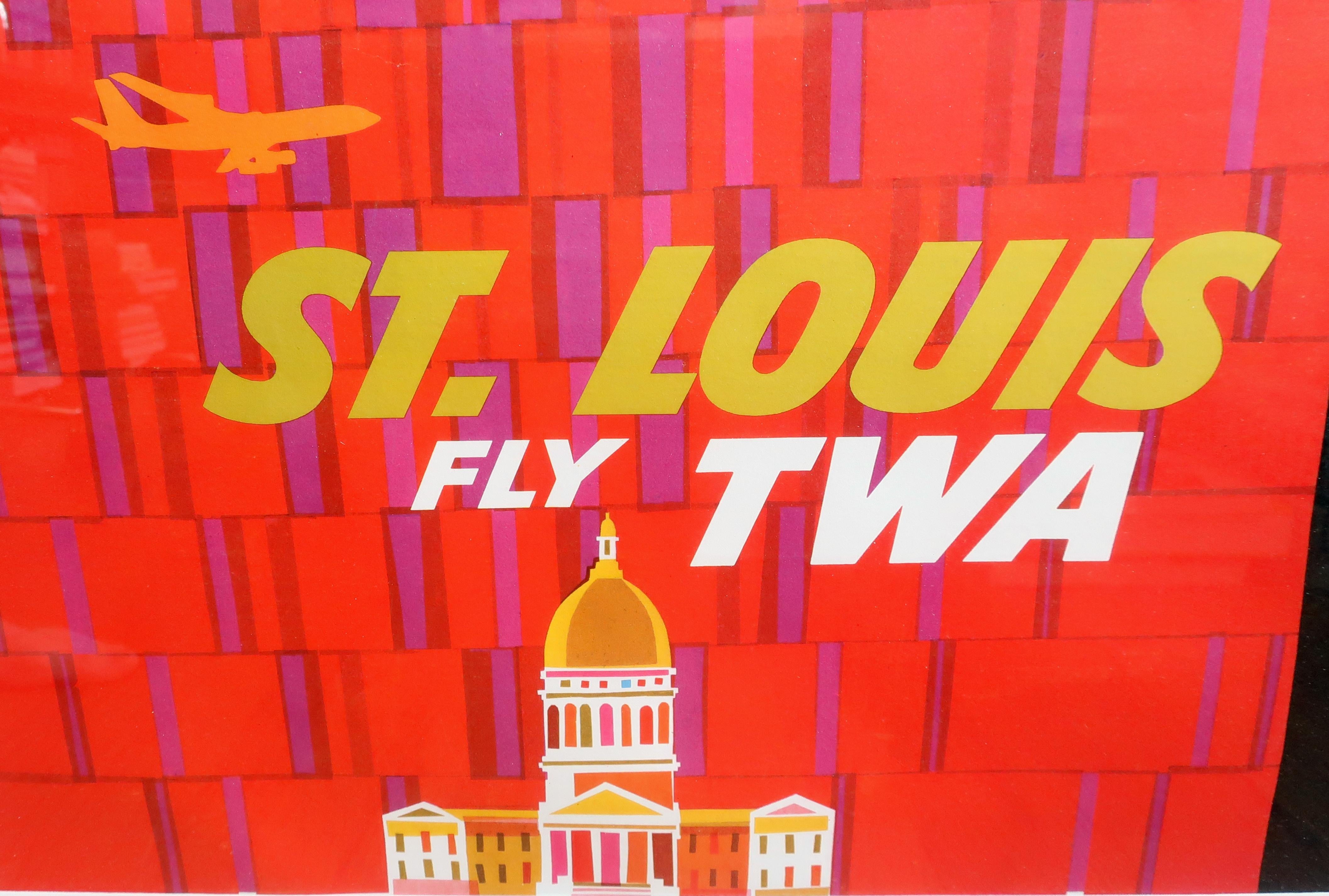 Mid-Century Modern Framed Original David Klein St. Louis Poster for TWA