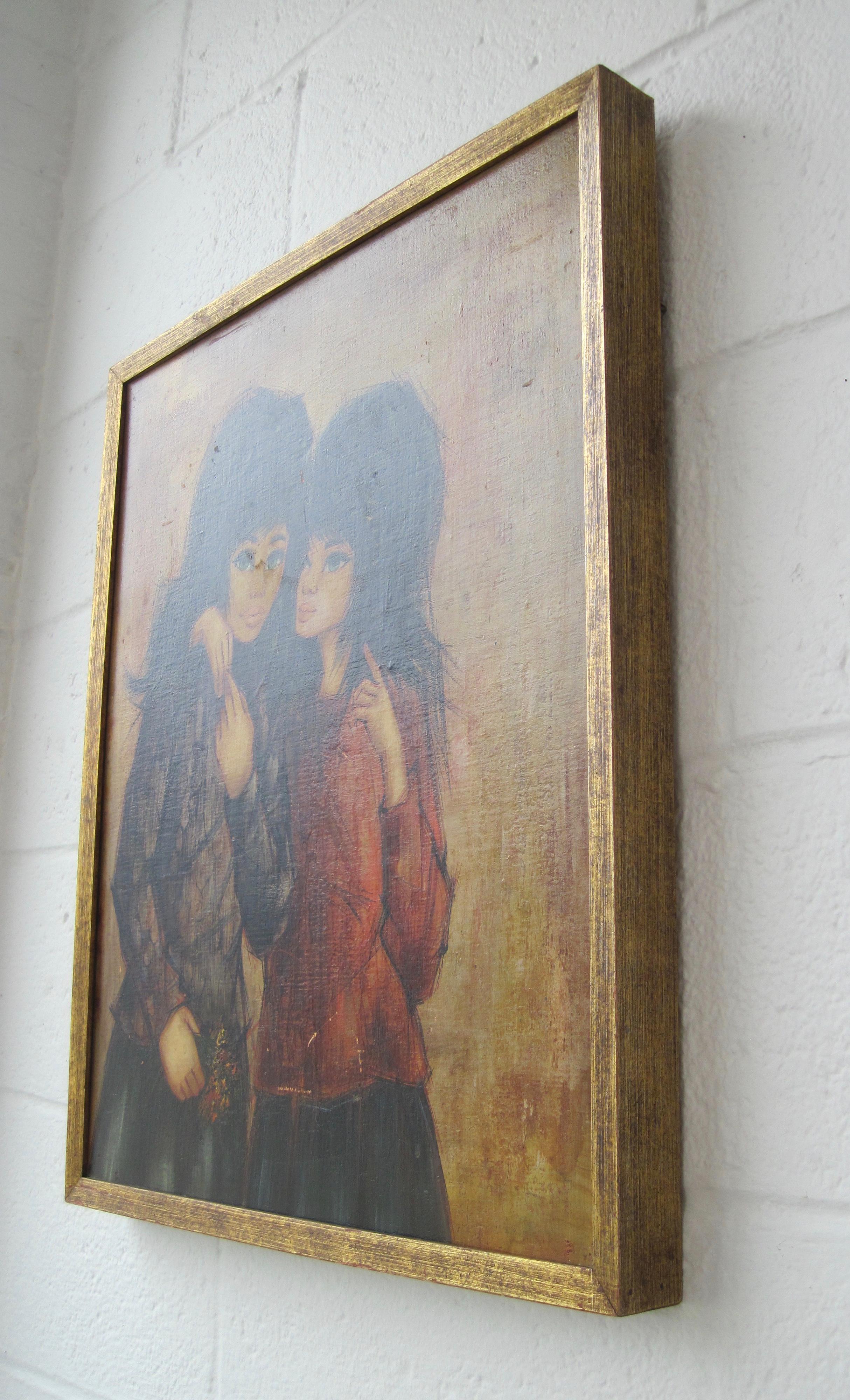 Wood Original Oil Painting on Board, Two Gothic Girls, Framed For Sale