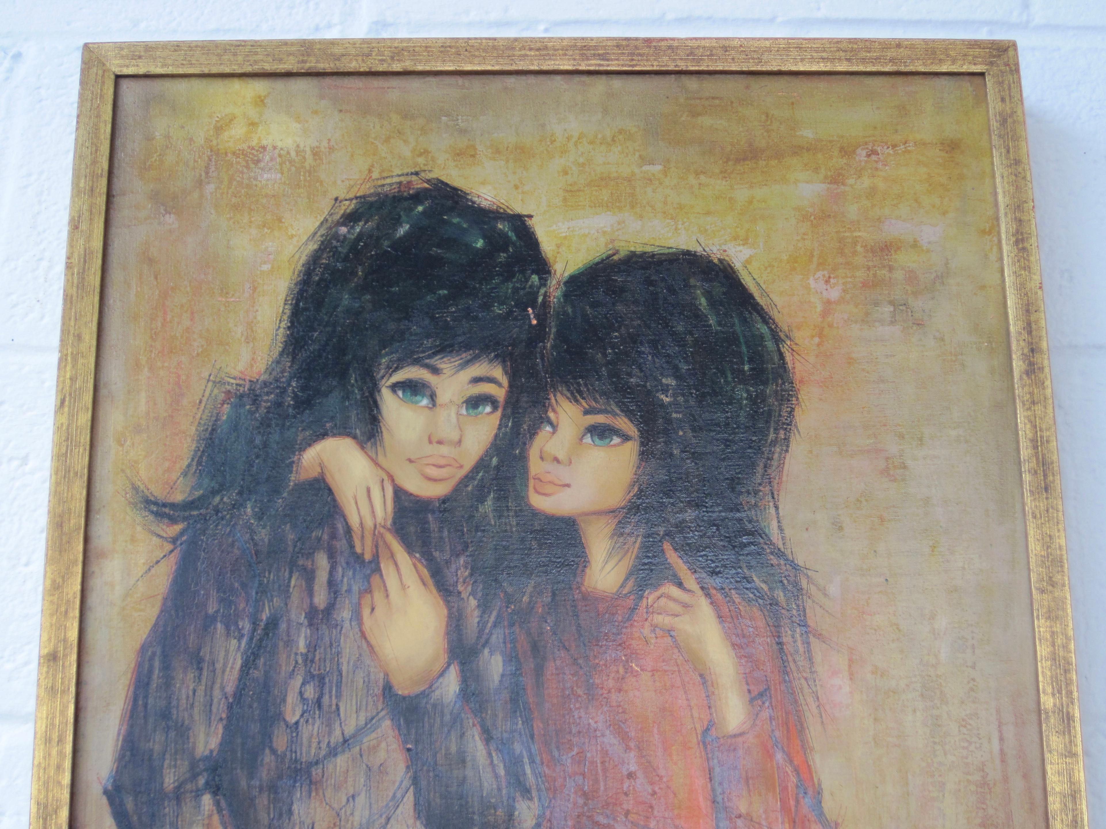 Pittura a olio originale su tavola, due ragazze gotiche, incorniciata in vendita 2