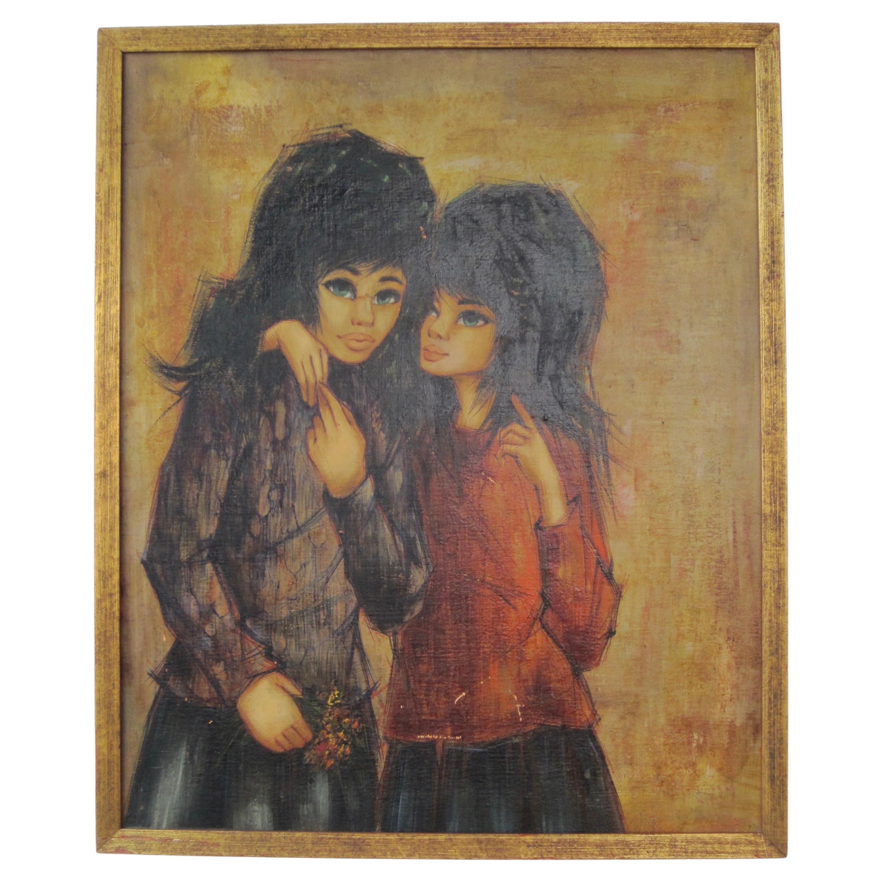 Offering an as found framed original mid-century oil painting on board of two gothic style teenage girls, perhaps sisters. 

Most likely influenced by the pop surrealism 