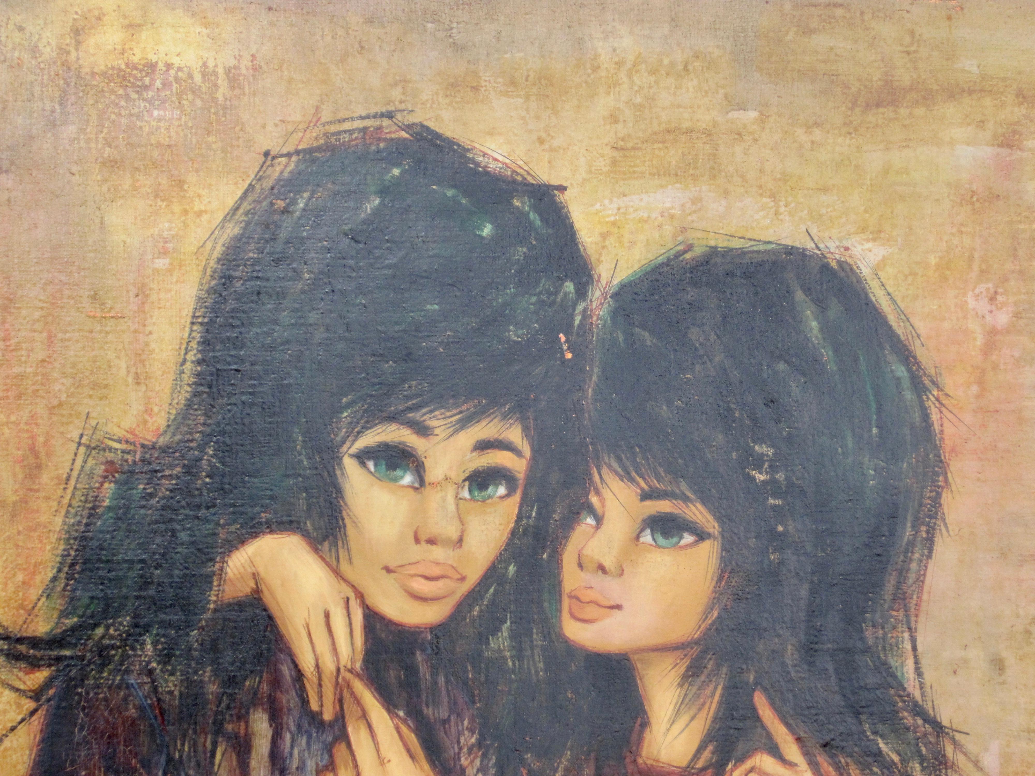 Mid-Century Modern Original Oil Painting on Board, Two Gothic Girls, Framed For Sale
