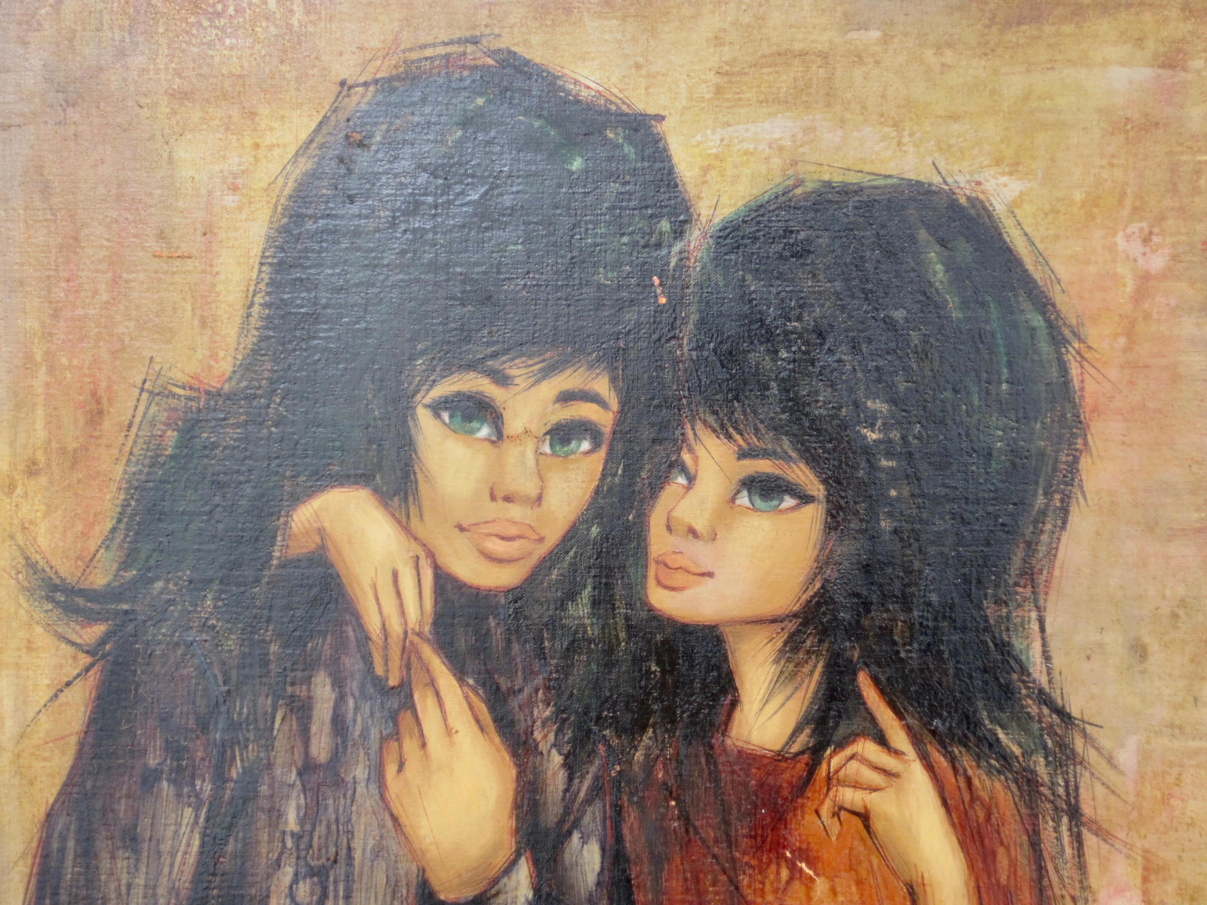 Unknown Original Oil Painting on Board, Two Gothic Girls, Framed For Sale