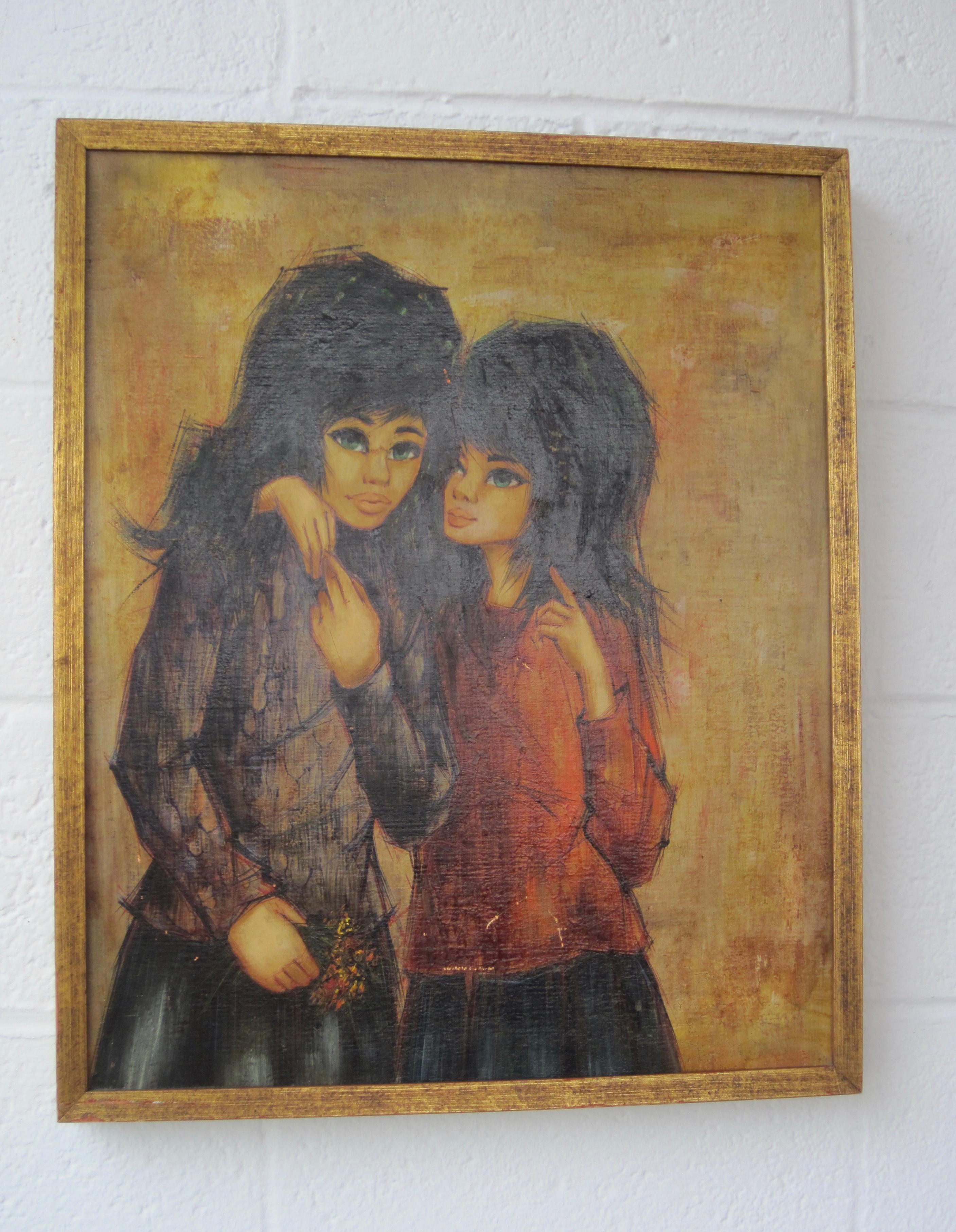 Original Oil Painting on Board, Two Gothic Girls, Framed In Good Condition For Sale In Ferndale, MI