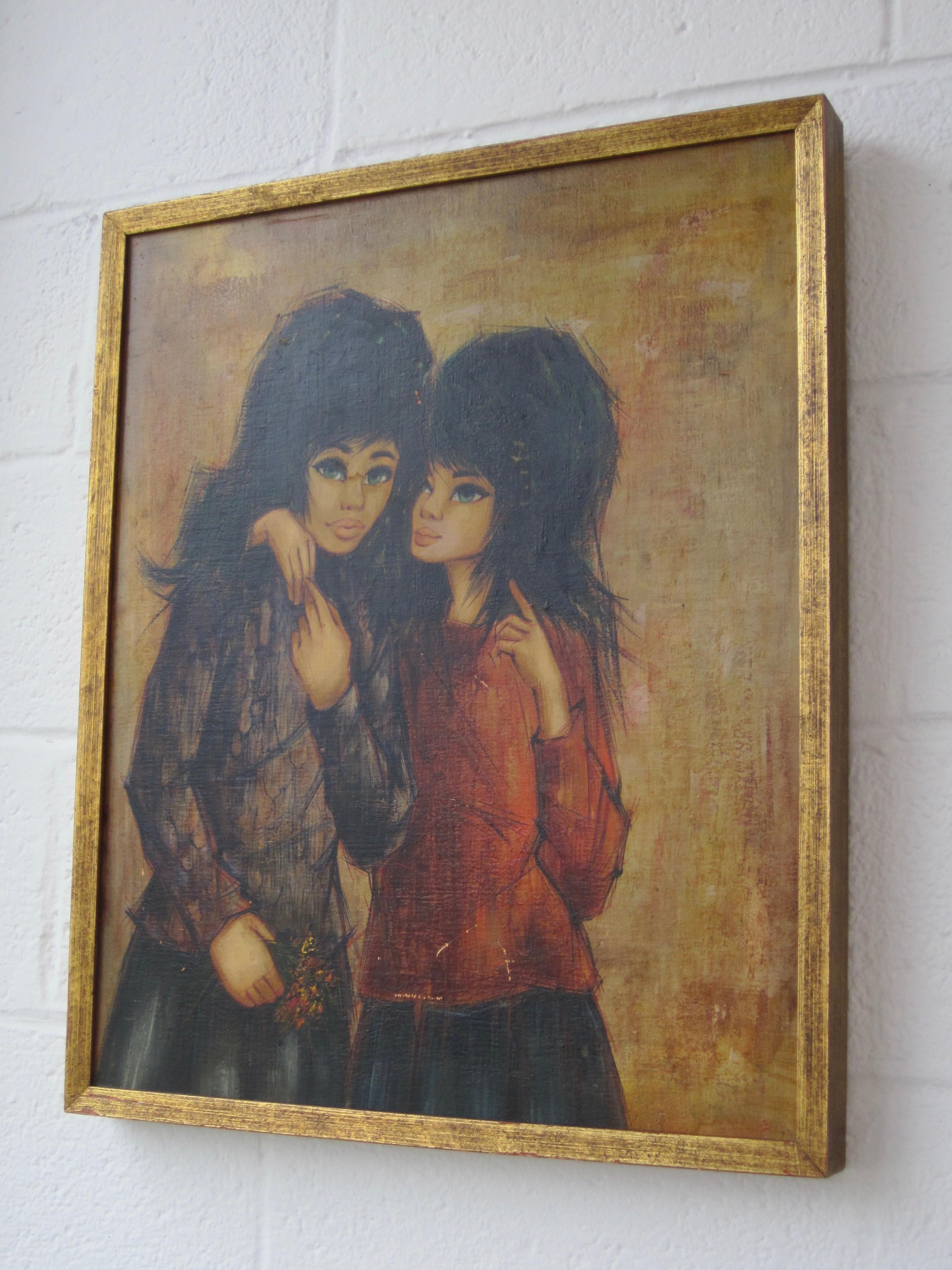 20th Century Original Oil Painting on Board, Two Gothic Girls, Framed For Sale