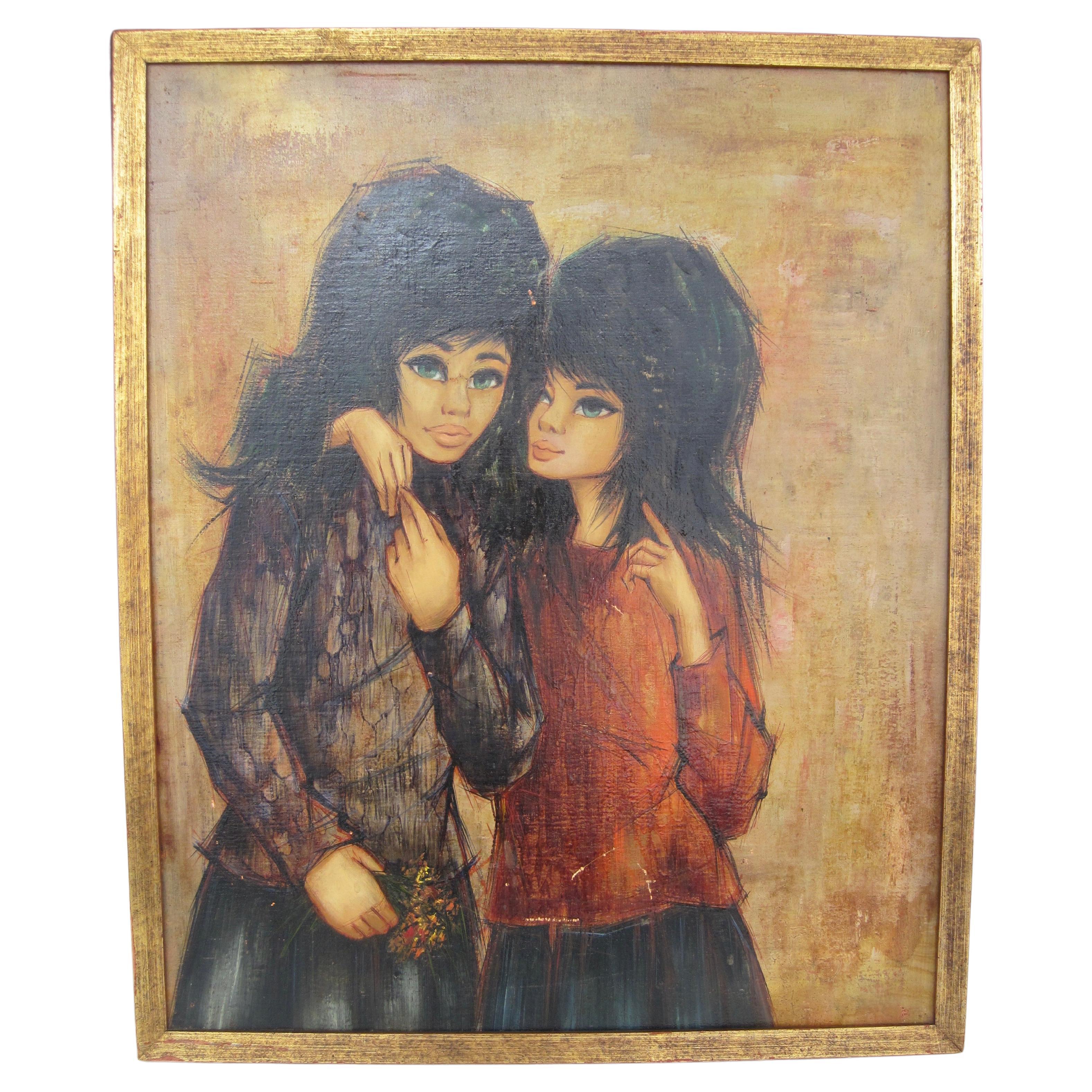 Peinture  l'huile originale sur panneau, deux filles gothiques, encadre