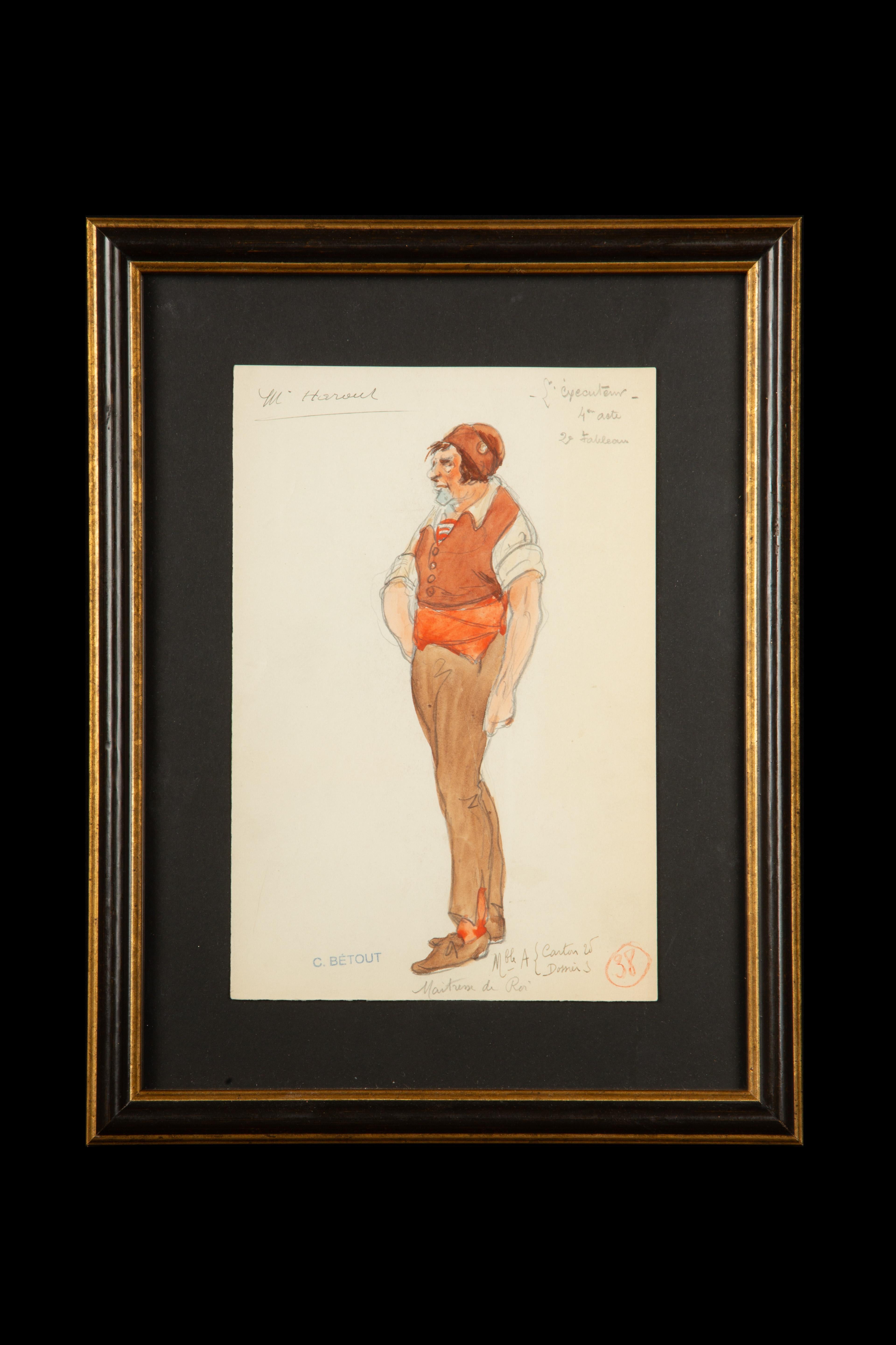 Original-Aquarell eines Opernkostümentwurfs von Charles Betout, dem wichtigsten Kostümbildner der Pariser Comédie-Française von 1919 bis zu seinem Tod im Jahr 1939. Betout war für seine sorgfältigen historischen Recherchen bekannt, und seine Kostüme