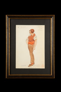 Disegno di costumi d'opera originale incorniciato e acquerellato, opera di Charles Betout
