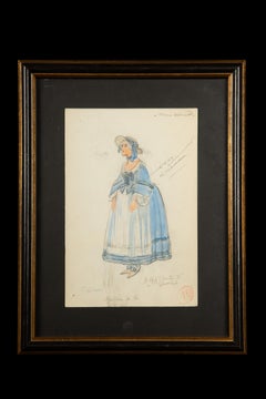 Disegno di costumi d'opera originale incorniciato e acquerellato, opera di Charles Betout